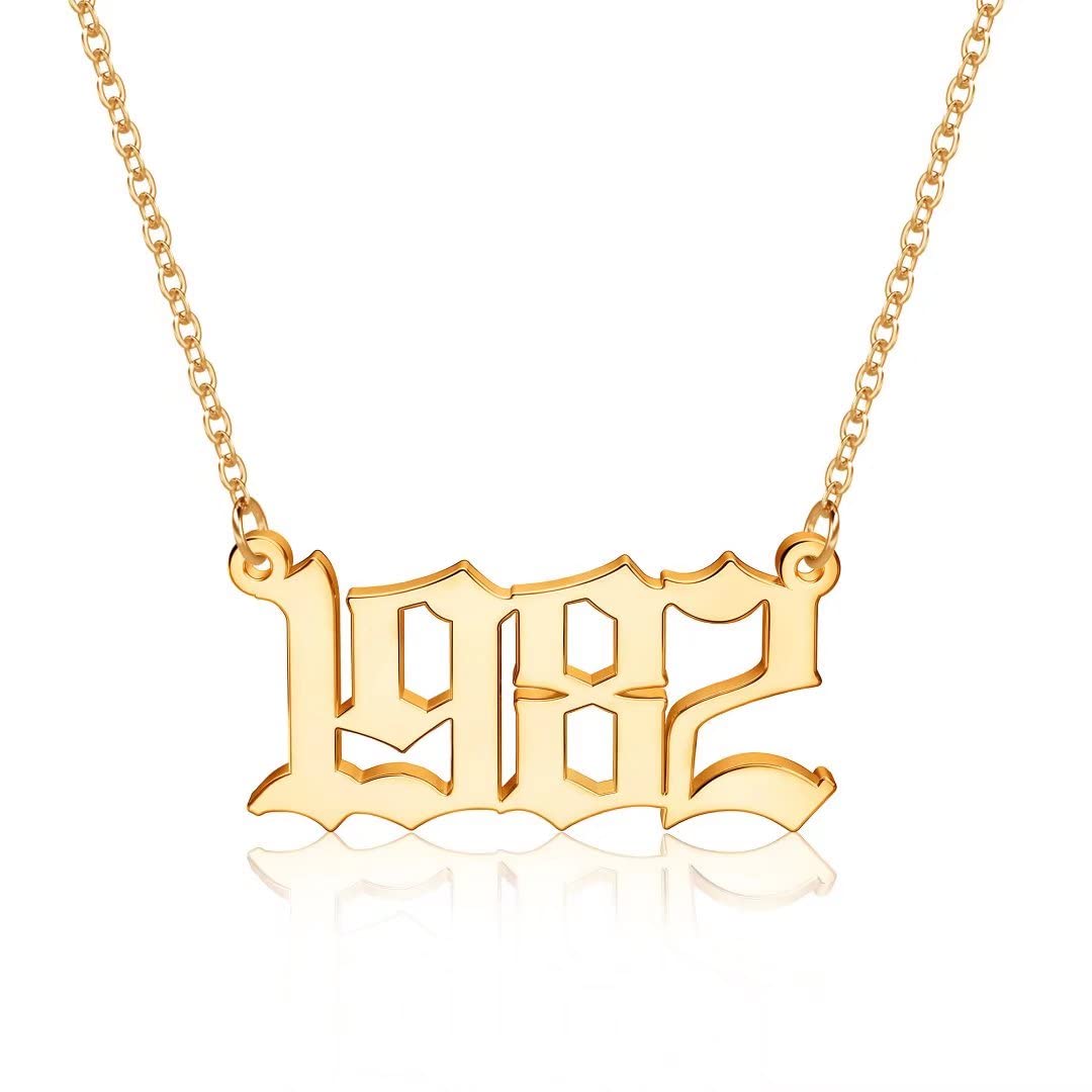 18K Gold Plated Old English Birth Year Necklace for Women - Personalized Jewelry Gift for Birthday, Anniversary (1970-2021) | Elegant Pendant for Special Occasions & Daily Wear