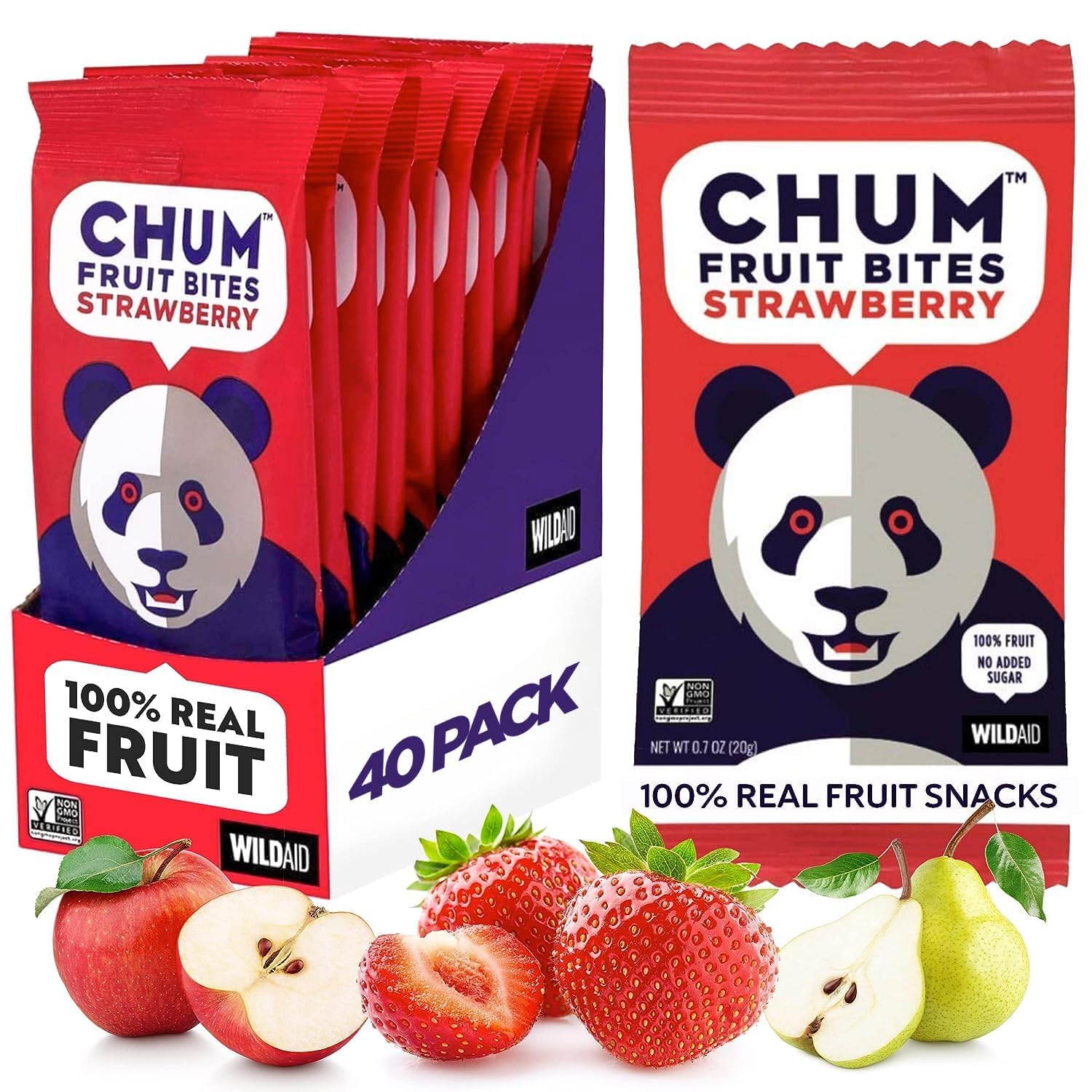 Chum Fruit Bites 100% Real Fruit Snacks - Strawberry Flavor, 40-Pack | Healthy Non-GMO Snacks with No Added Sugar or Preservatives | Nut-Free, Gluten-Free, Vegan, Kosher & Paleo Certified | Perfect for School Lunches, Office Snacks & On-the-Go Healthy Eating