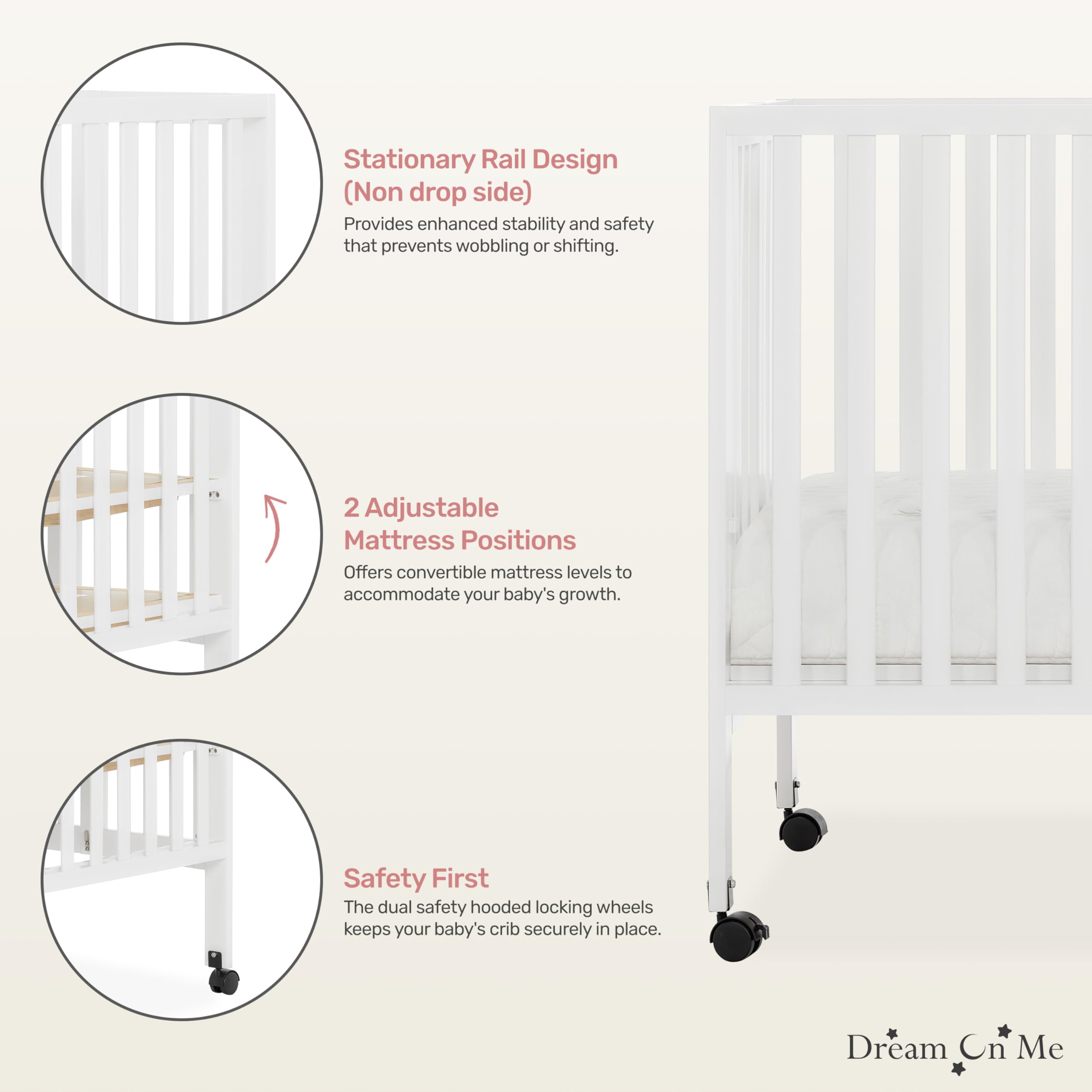 Dream On Me Quinn Full-Size Folding Crib - White Nursery Crib with Removable Wheels & Adjustable Mattress Support | Portable Baby Bed with Patented Folding System | Perfect for Small Spaces, Travel & Modern Nurseries