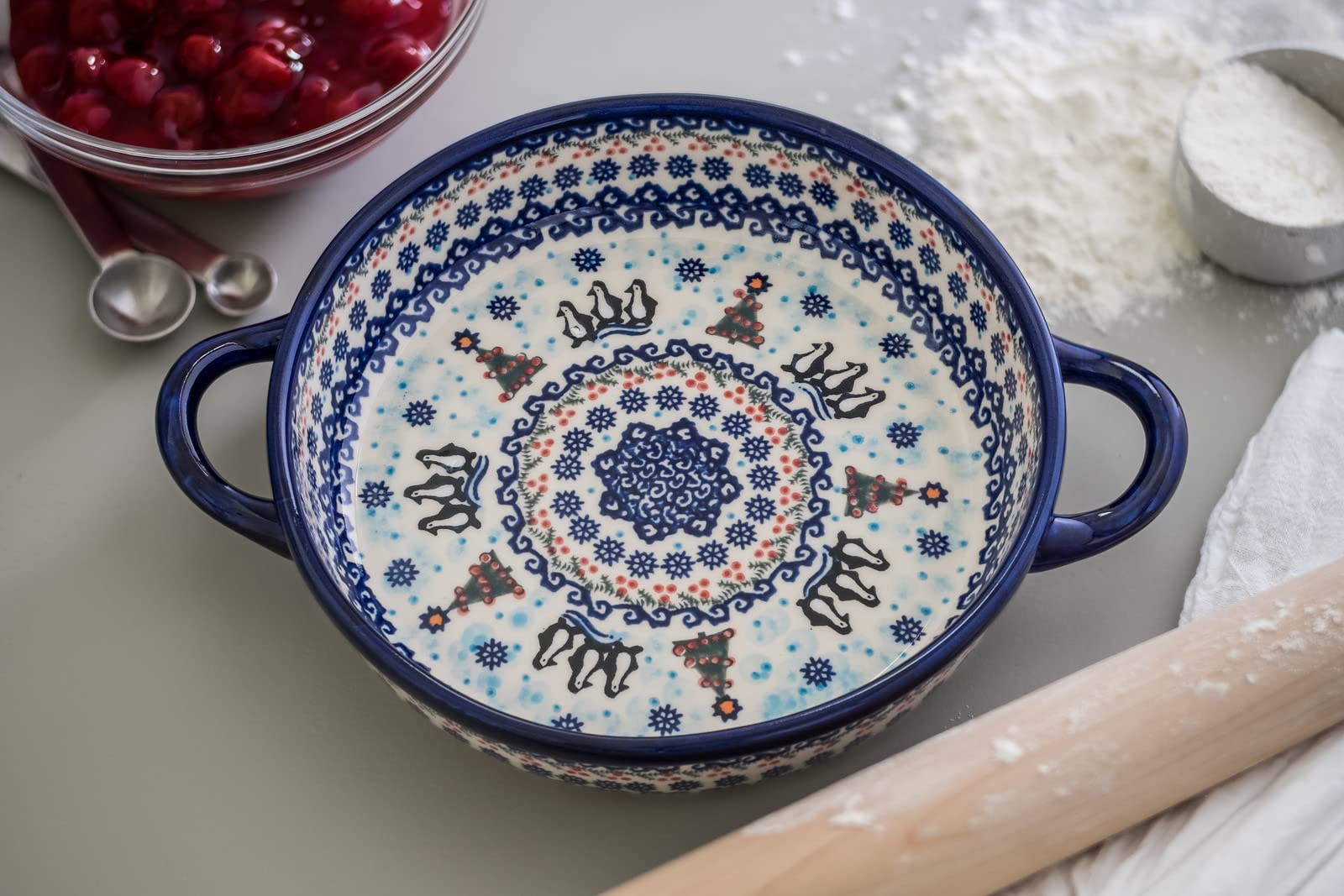 Handmade Blue Rose Polish Pottery Round Baker with Handles - Perfect for Holiday Baking, Casseroles & Serving Dishes | Microwave & Oven Safe Stoneware for Christmas, Thanksgiving & Family Gatherings