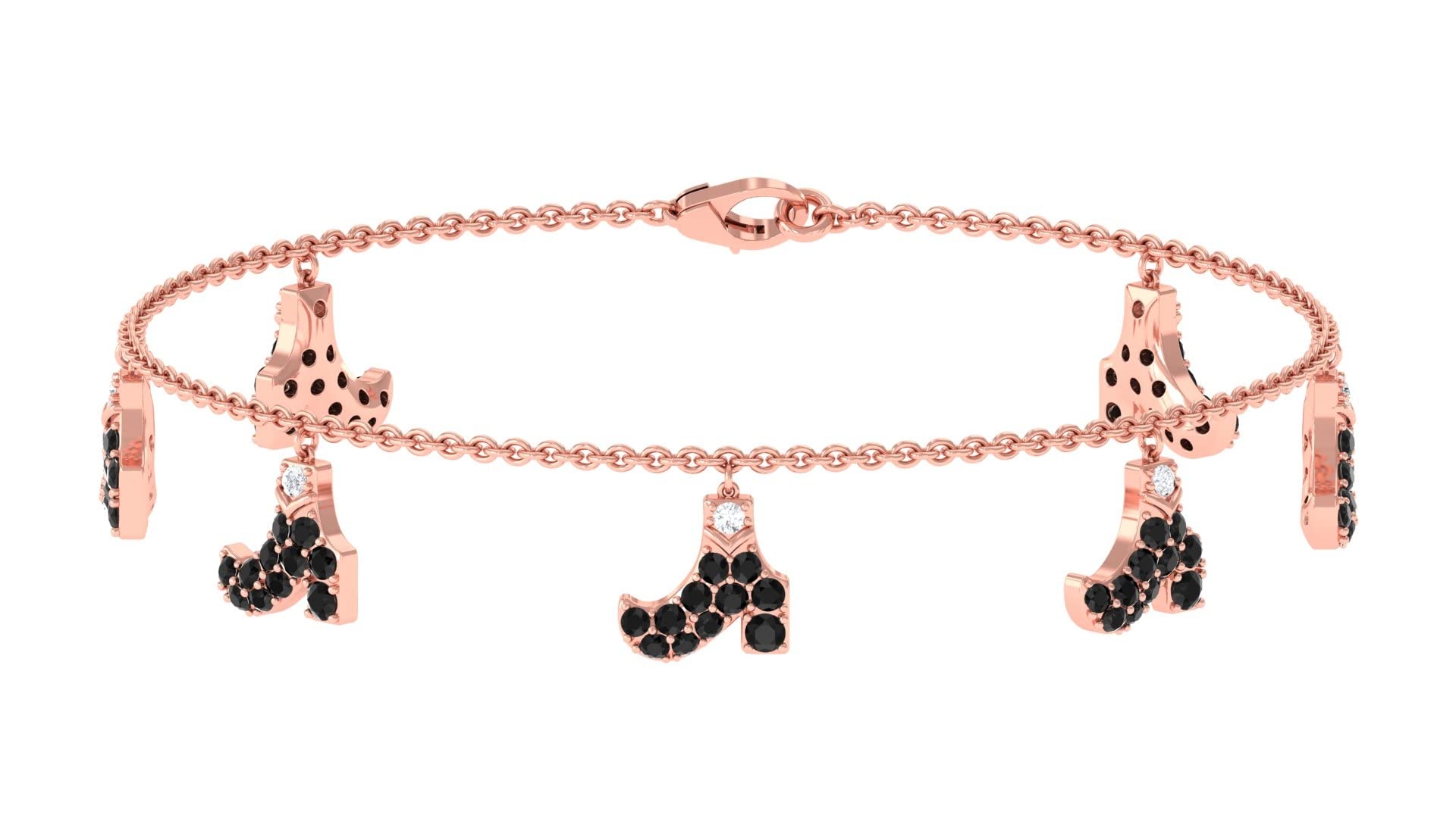 14K Solid Gold Black & White Diamond Charm Bracelet for Women - 1.50 CT April Birthstone Shoe Design | Certified Rosec Jewels | Elegant Gift for Birthday, Anniversary & Special Occasions