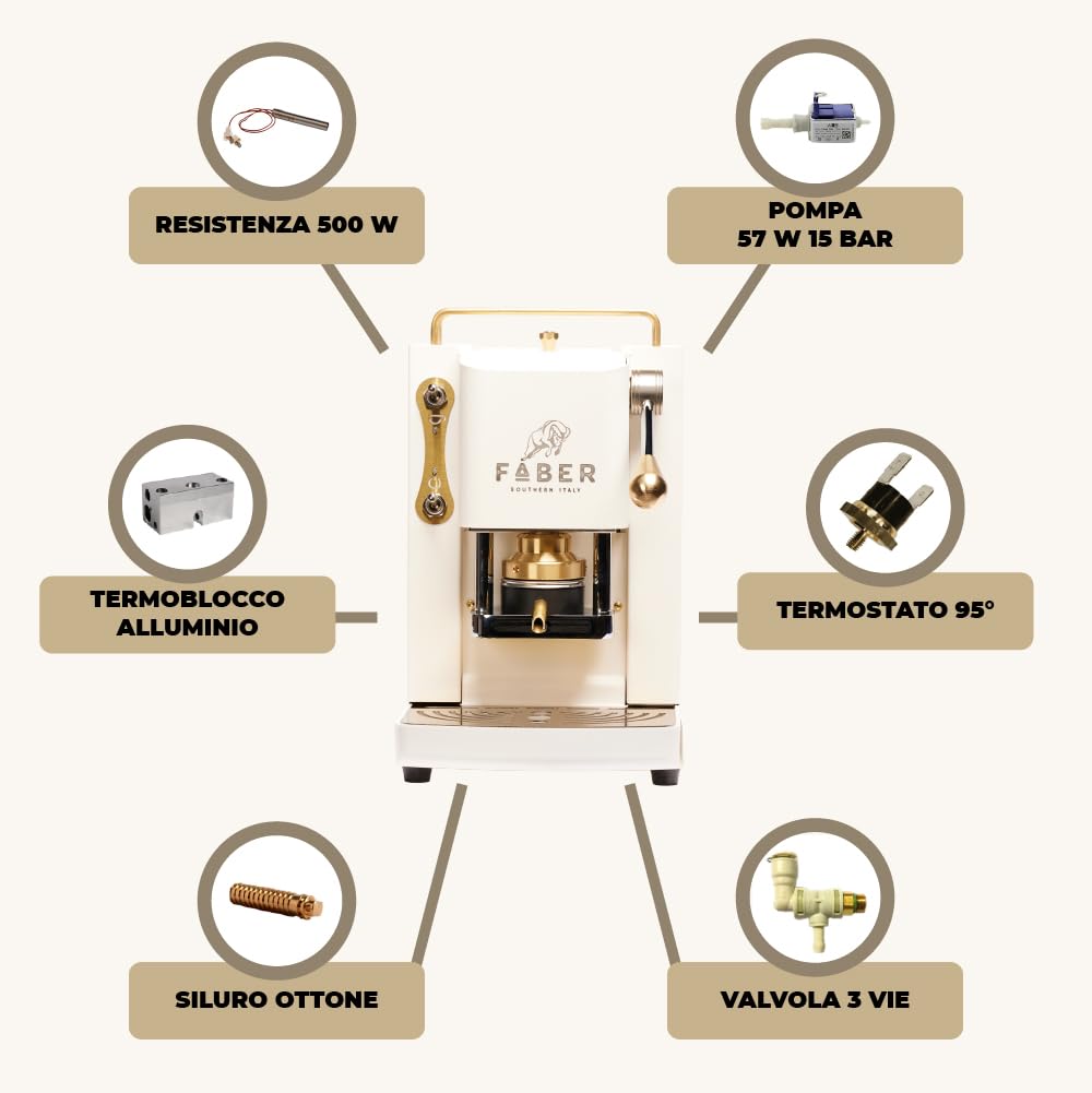 FABER PRO MINI DELUXE Coffee Machine | 44mm Single Serve Capsule Espresso Maker | Adjustable Brass Pressure Head | Pure White | Perfect for Home, Office & Small Cafes