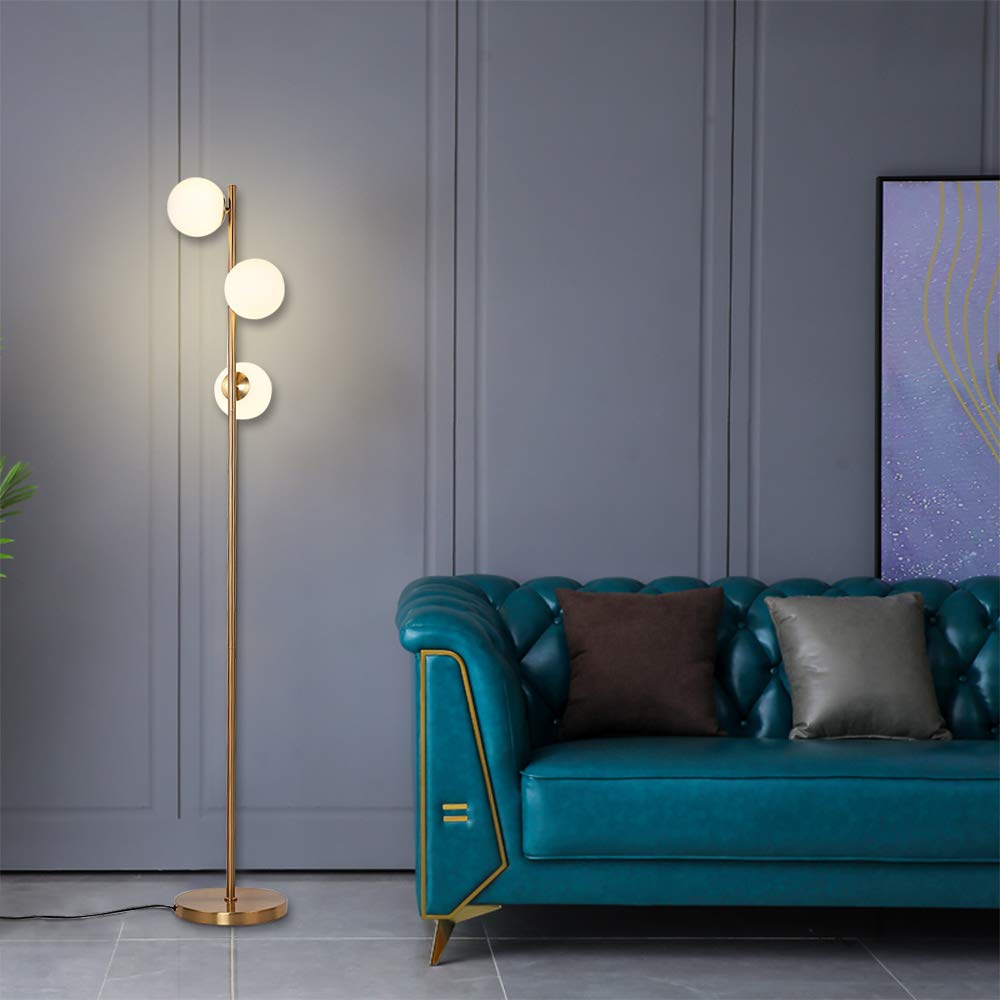 Modern 3-Globe LED Floor Lamp - Brushed Brass Standing Light for Living Room, Bedroom & Office | Bright Adjustable Lighting for Reading, Working & Relaxing