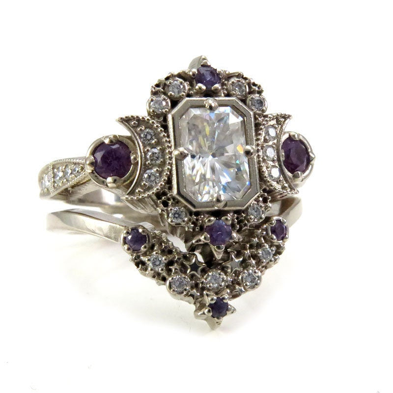 Emerald Cut Selene Moon Goddess Engagement Ring Set - 14k Palladium White Gold with Moissanite, Diamond & Chatham Alexandrite | Wedding, Proposal, Anniversary Gift for Her
