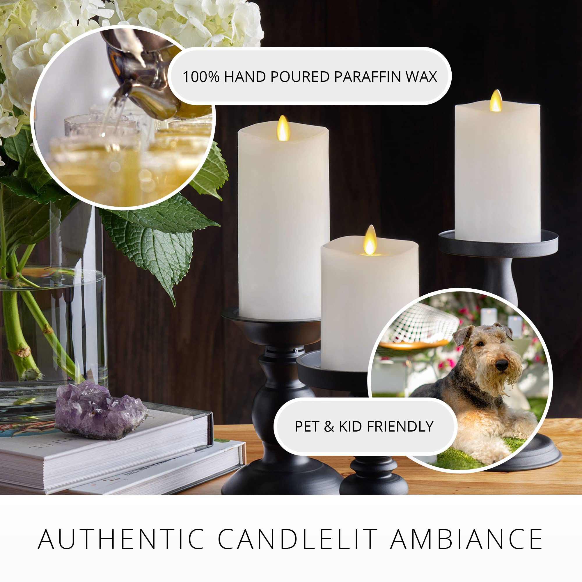 Luminara Realistic Flameless LED Candles - Set of 3 White Battery-Operated Pillar Candles with Remote Control, Moving Flame Effect & Timer Function - Perfect for Home Decor, Weddings, and Romantic Dinners