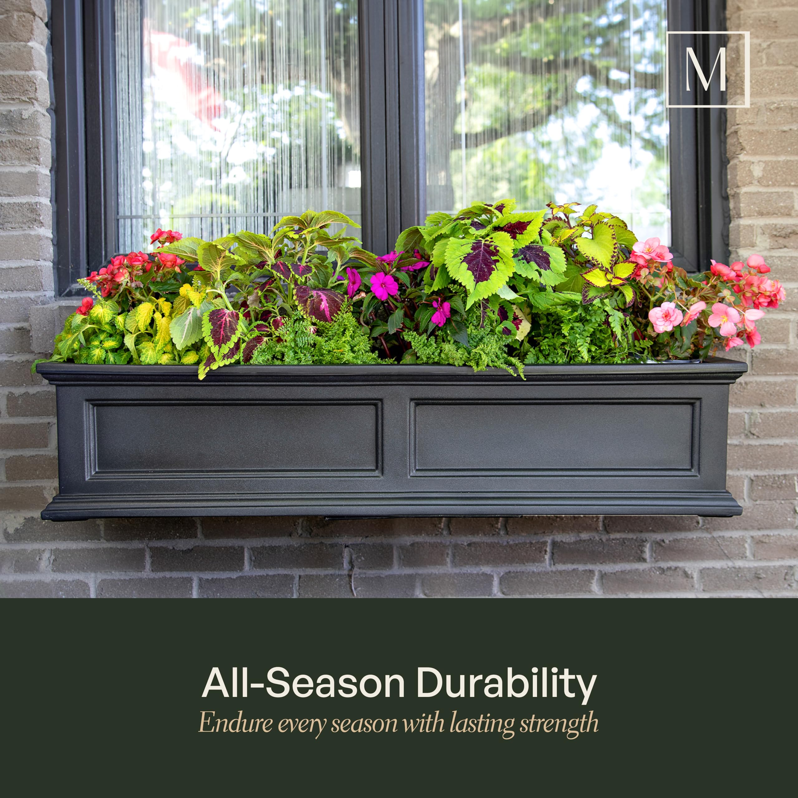 Mayne Fairfield 4ft White Window Box Planter - Durable Self-Watering Resin Flower Box with Wall Mount Brackets - Outdoor Garden Decor for Windows, Balconies & Patios (5823-W)