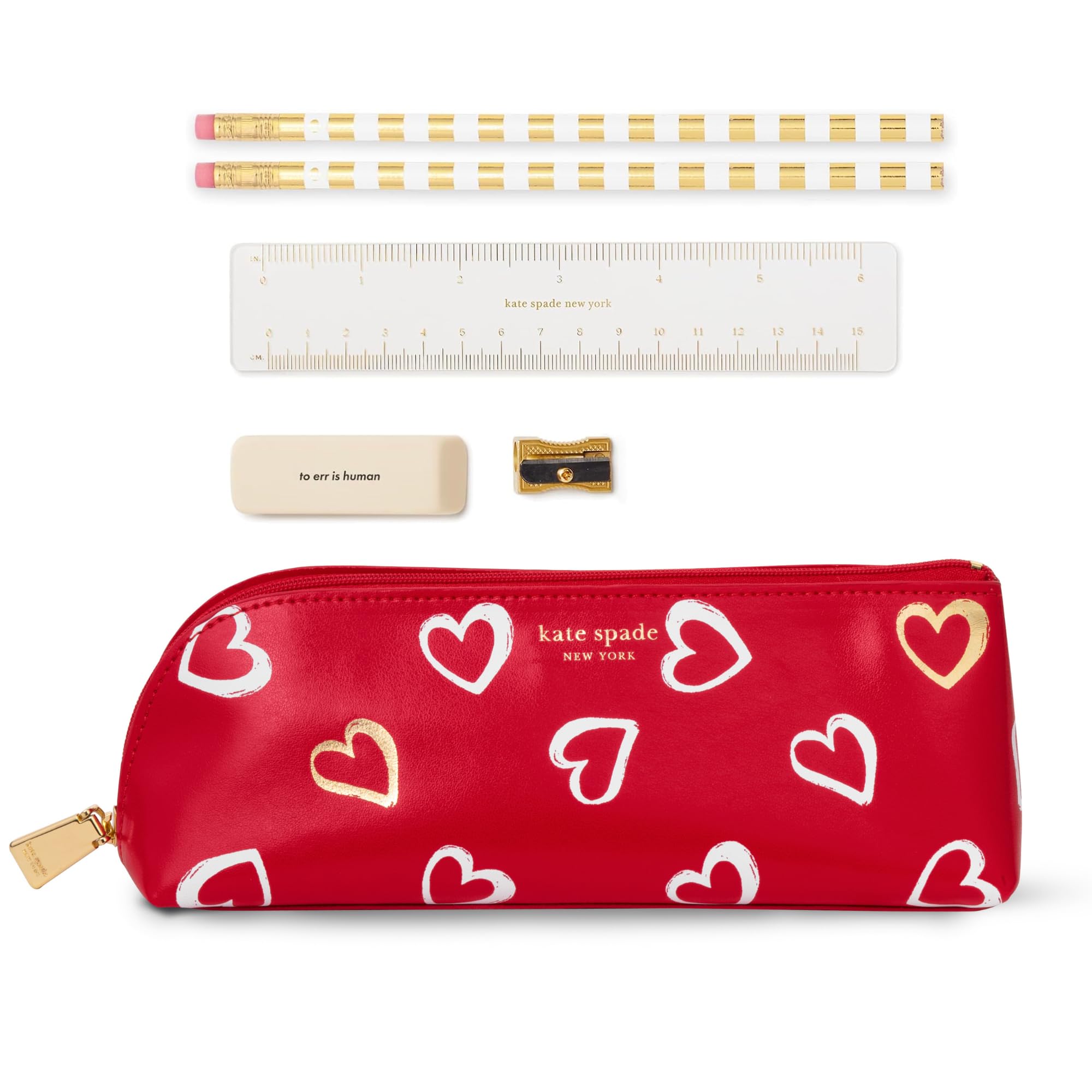 Kate Spade New York Heart Print Pen & Pencil Case Set - Includes 2 Pencils, Sharpener, Eraser, Ruler - Stylish Zip Pouch for Office, School, Work & Travel Organization (Brushstroke Hearts Design)