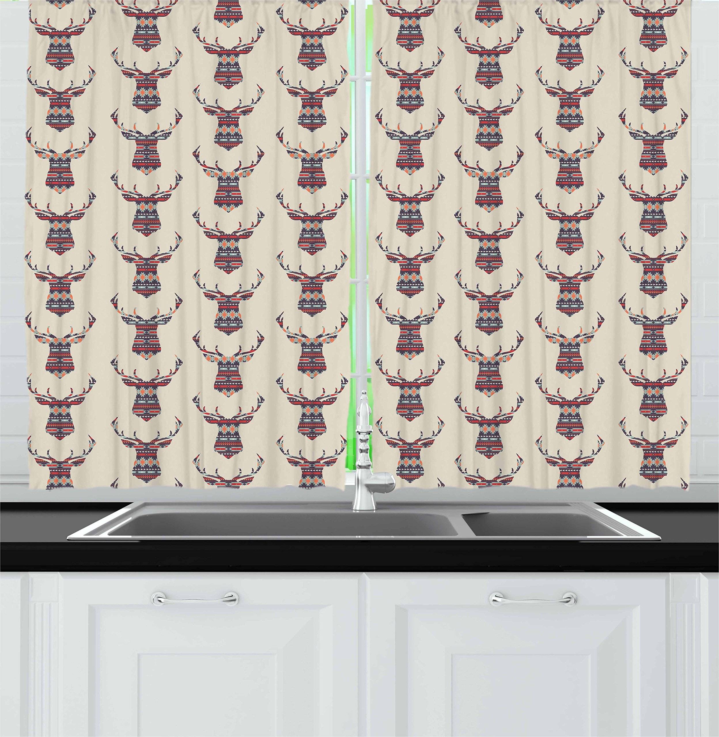 Ambesonne Deer Kitchen Curtains - Geometric Deer Silhouettes with Cherokee Arrows & Triangles, 2 Panel Set for Windows, 55