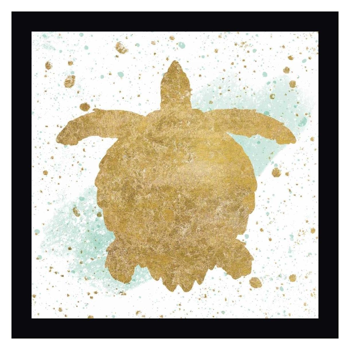 Wild Apple Portfolio Silver Sea Life Aqua Turtle Framed Canvas Art Print - 20x20 Inch Ocean Theme Wall Decor - Black Wood Frame Ready to Hang - Perfect for Beach House, Living Room or Bathroom Decor