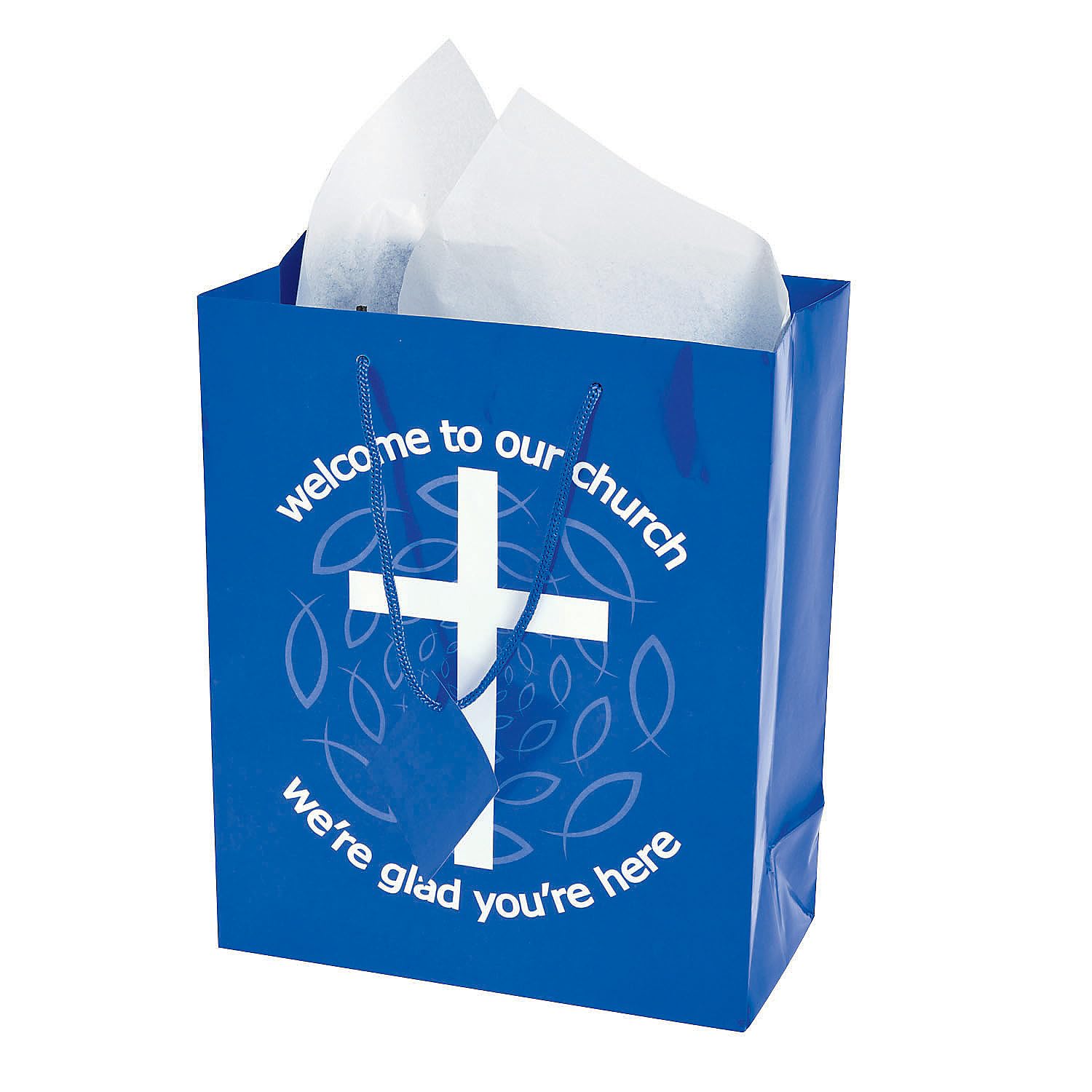 Blue Welcome To Our Church Gift Bags - Set of 12 Religious Party Favors for Baptism, First Communion & Church Events - Bulk Church Supplies for Sunday School & Christian Celebrations