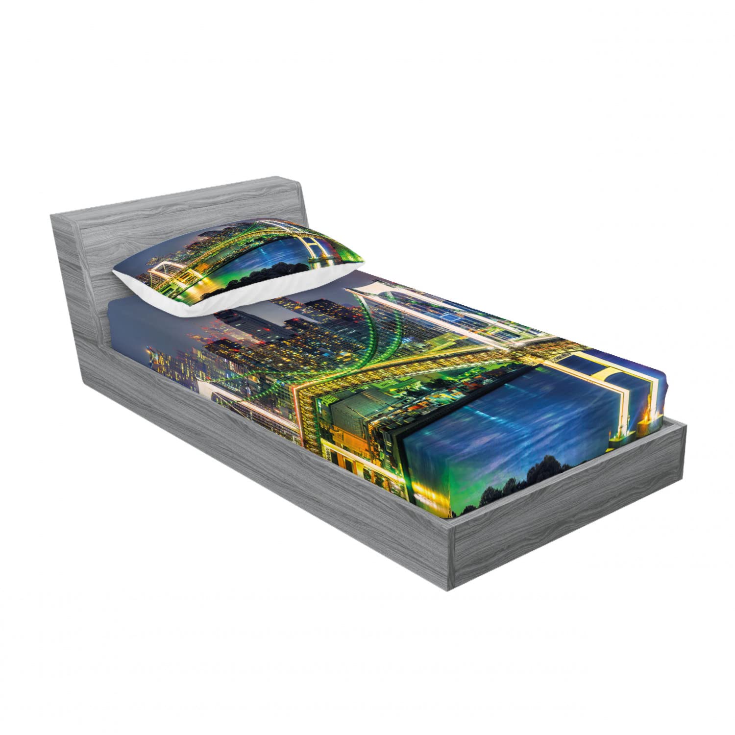 Ambesonne Tokyo Skyline Japanese 2-Pack Twin Fitted Sheet & Pillow Sham Set - 4 Piece Bedding Decor in Green Navy - Perfect for Modern Bedrooms, Guest Rooms & Dorm Decor