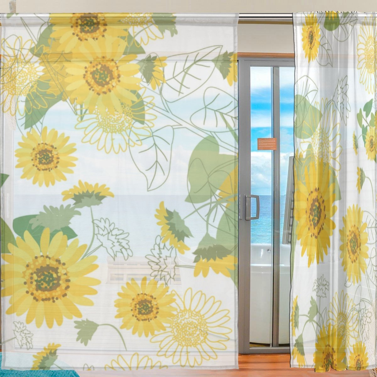 ALAZA U Life Small Yellow Sunflowers Floral Patchwork Rod Pocket Sheer Voile Window Curtains - 55 x 78 Inches, Set of 2 Panels - Perfect for Living Room, Bedroom & Kitchen Decor