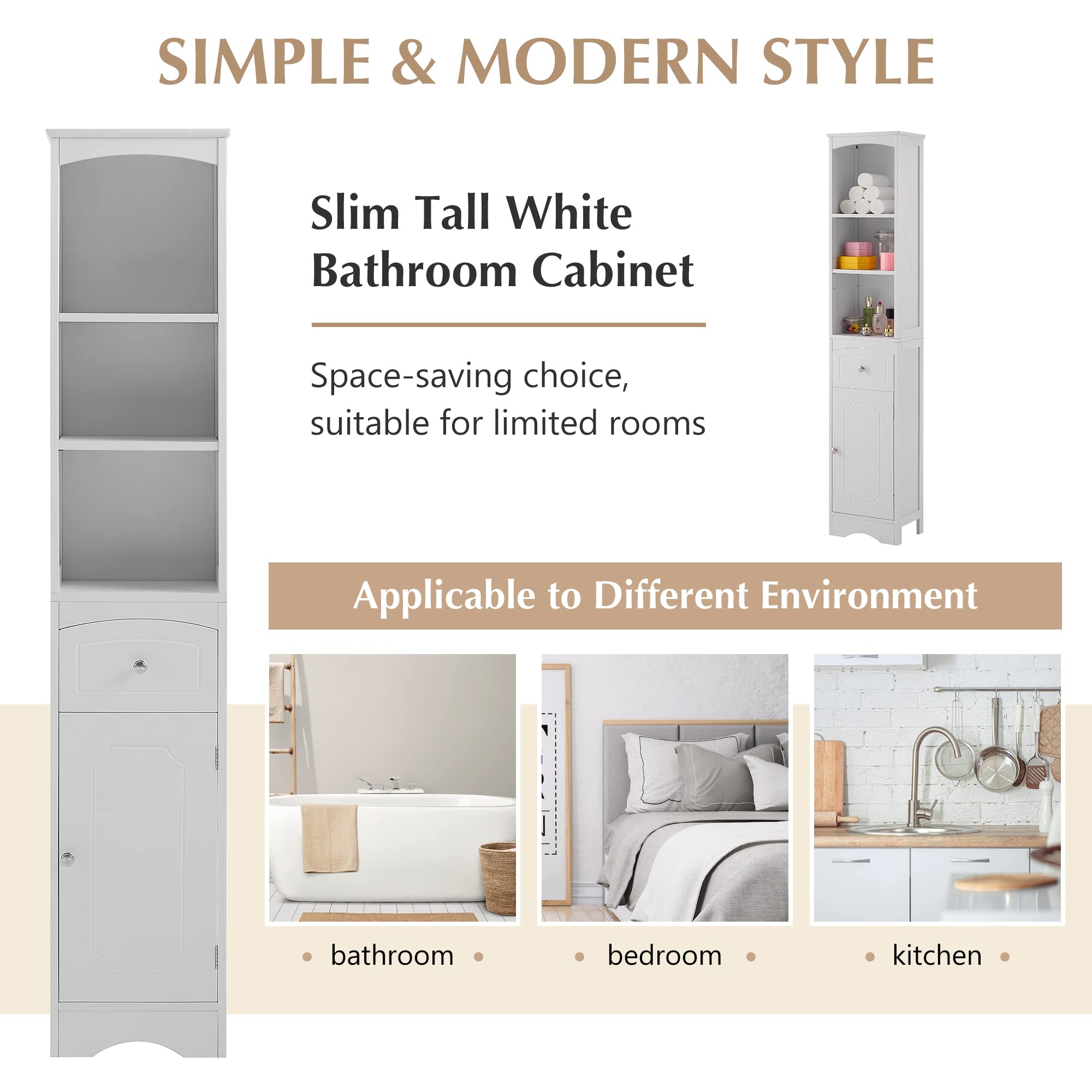 Tall Bathroom Storage Cabinet with Doors, Drawer & Shelves - Narrow Slim Floor Standing Linen Tower Organizer for Towels, Toiletries & Cleaning Supplies - White (Perfect for Small Bathrooms & Laundry Rooms)