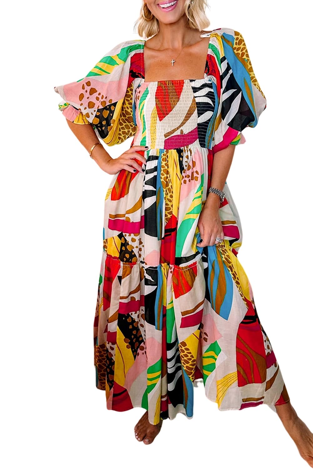 Boho White Square Neck Smocked Abstract Print Maxi Dress for Women - Perfect for Beach Vacations, Summer Outings, and Boho Chic Fashion
