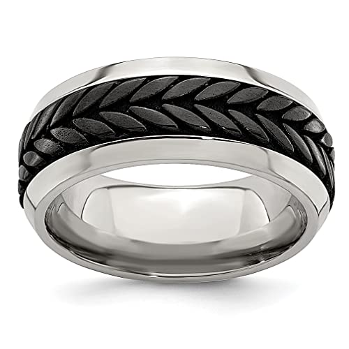 Edward Mirell 9mm Stainless Steel Black Titanium Rope Beveled Band Ring - Classic Edge Wedding Ring for Men, Fashion Jewelry Gift for Dad, Husband & Boyfriend - Perfect for Anniversaries, Engagements & Special Occasions