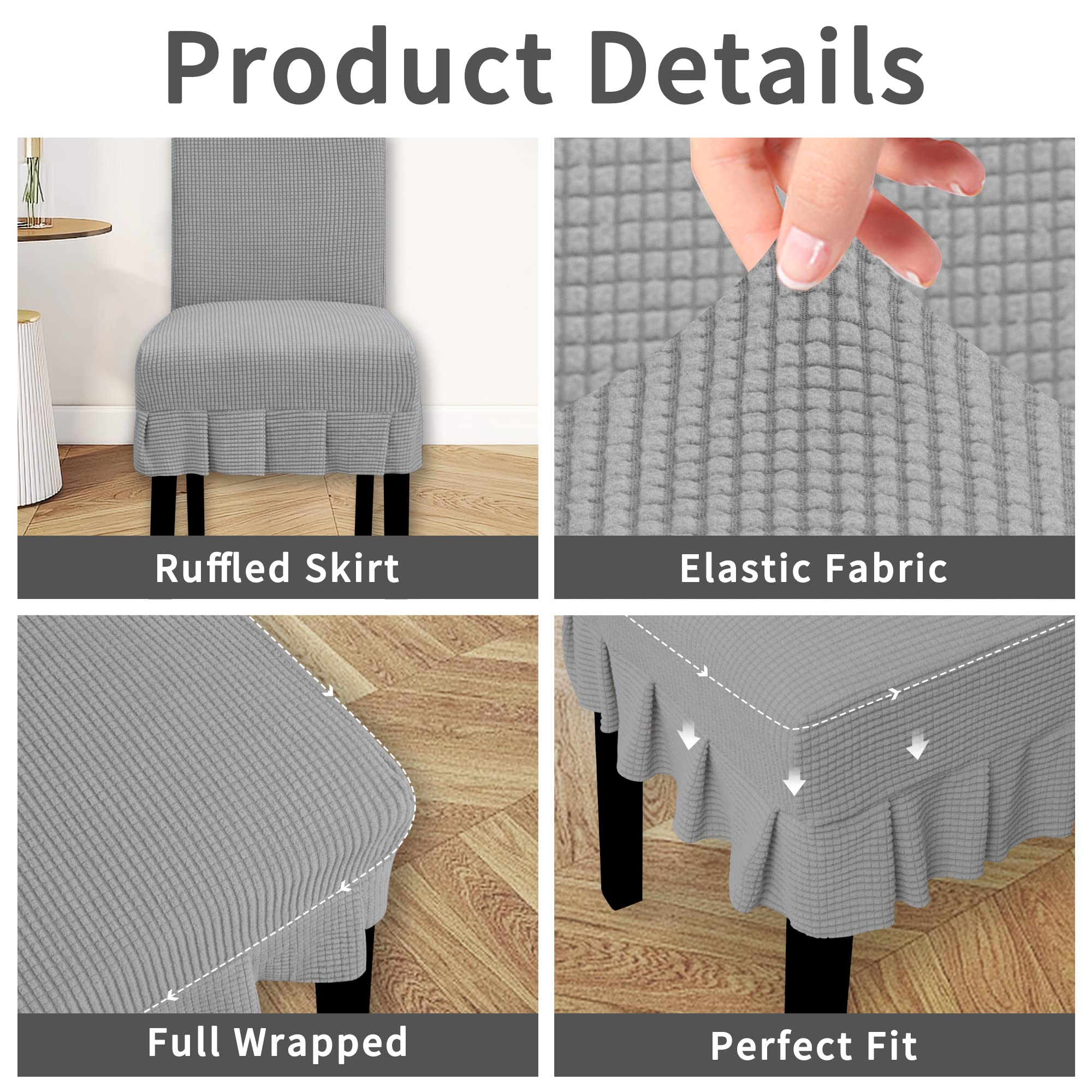 Stretchable Parsons Dining Chair Covers with Skirt - 4-Piece Set in Light Gray for Restaurants, Banquets & Home Dining Rooms - Washable & Durable Slipcovers for Everyday Use & Special Occasions
