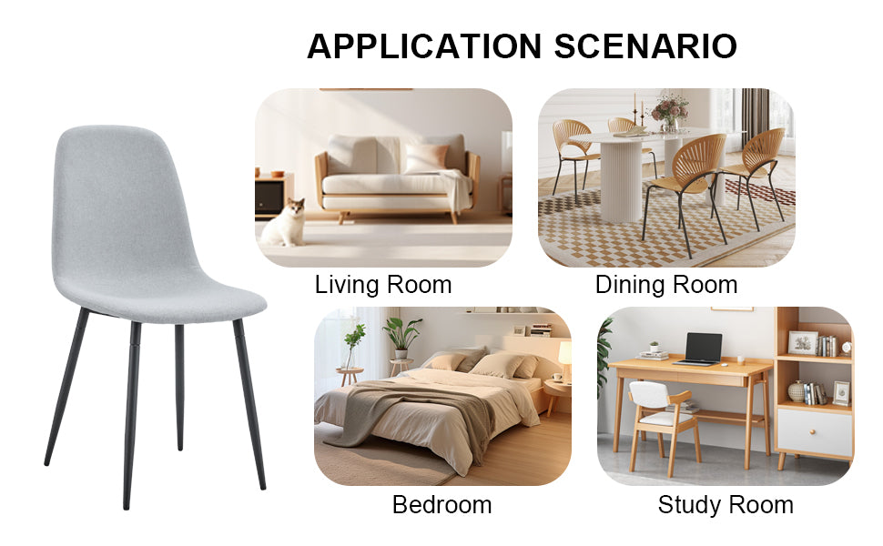 Comfortable Linen Cotton Dining Chair Set of 4 - Light Gray Modern Upholstered Chairs with Integrated Seat & Backrest for Kitchen, Dining Room & Home Decor