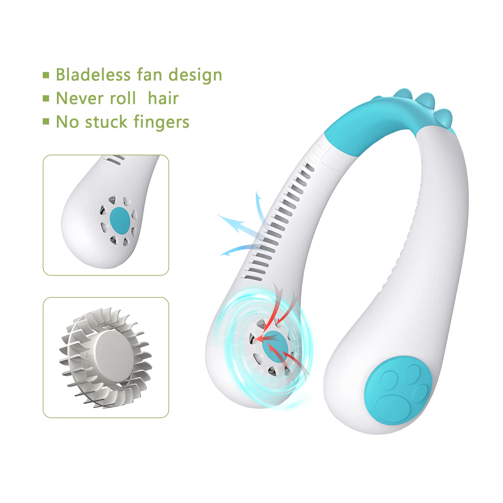 Portable Rechargeable Neck Fan for Kids - Wearable Bladeless Personal Cooling Fan with 3 Speed Settings, USB Powered for Outdoor, Travel, Sports & Summer Activities