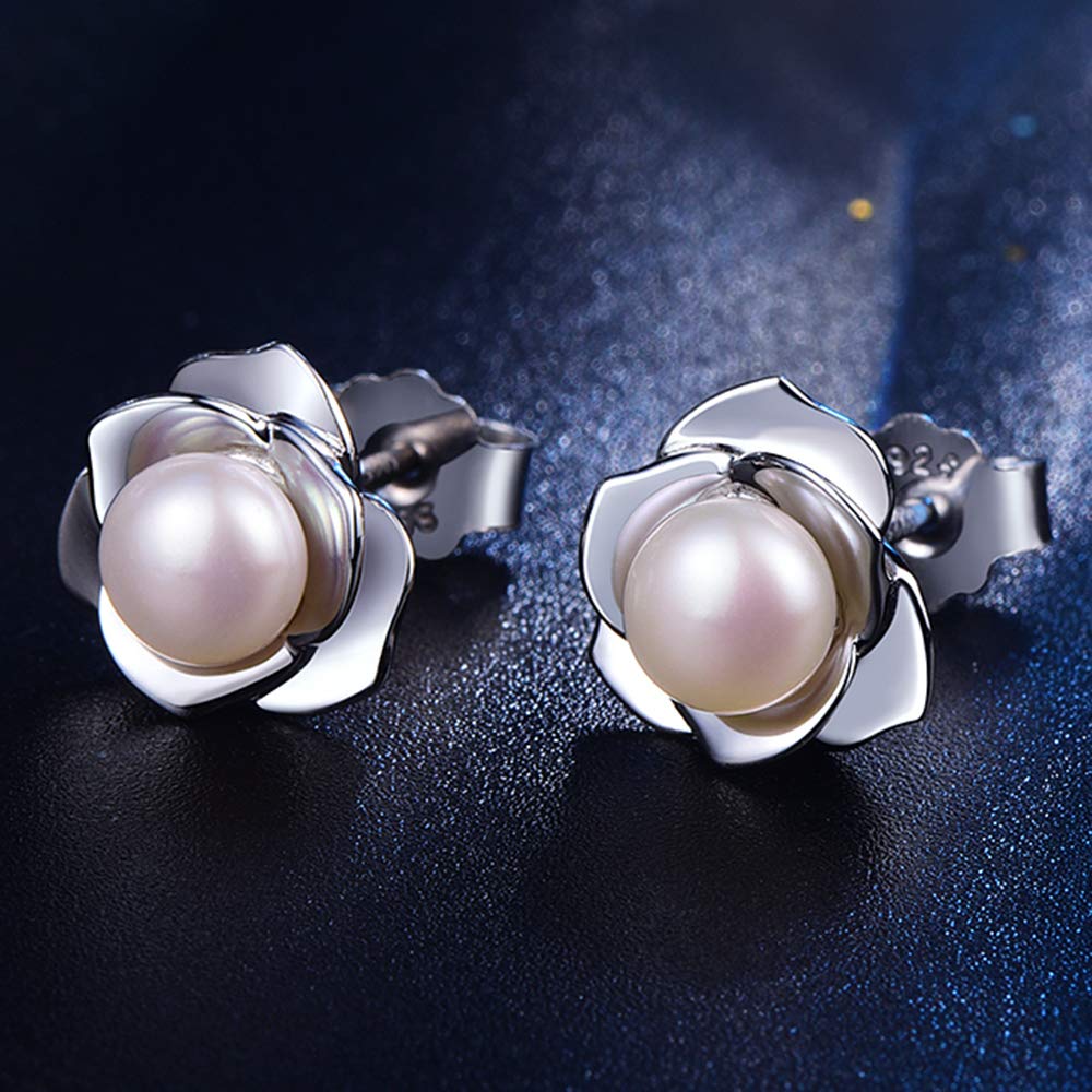 JORA Rose Gold Plated Sterling Silver Rose Flower & Pearl Stud Earrings for Women - Elegant Jewelry Gift for Valentine's Day, Anniversary & Special Occasions