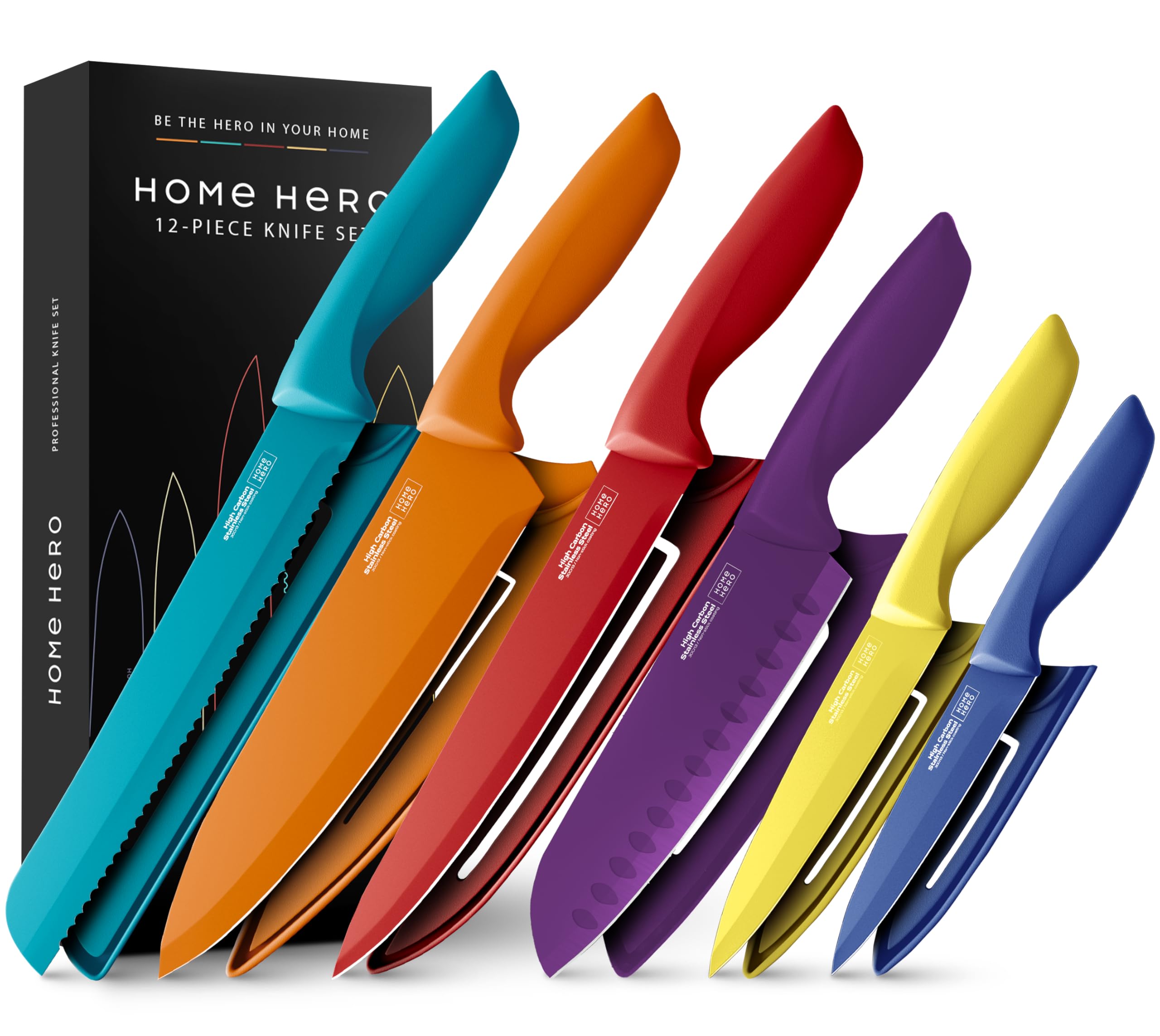 Premium 12-Piece Kitchen Knife Set - High Carbon Stainless Steel Chef Knives with Ergonomic Handles & Ceramic Coating | Nonstick, Durable & Sharp for Professional Cooking, Meal Prep & Home Use | Includes Protective Sheath Covers (Multicolor)