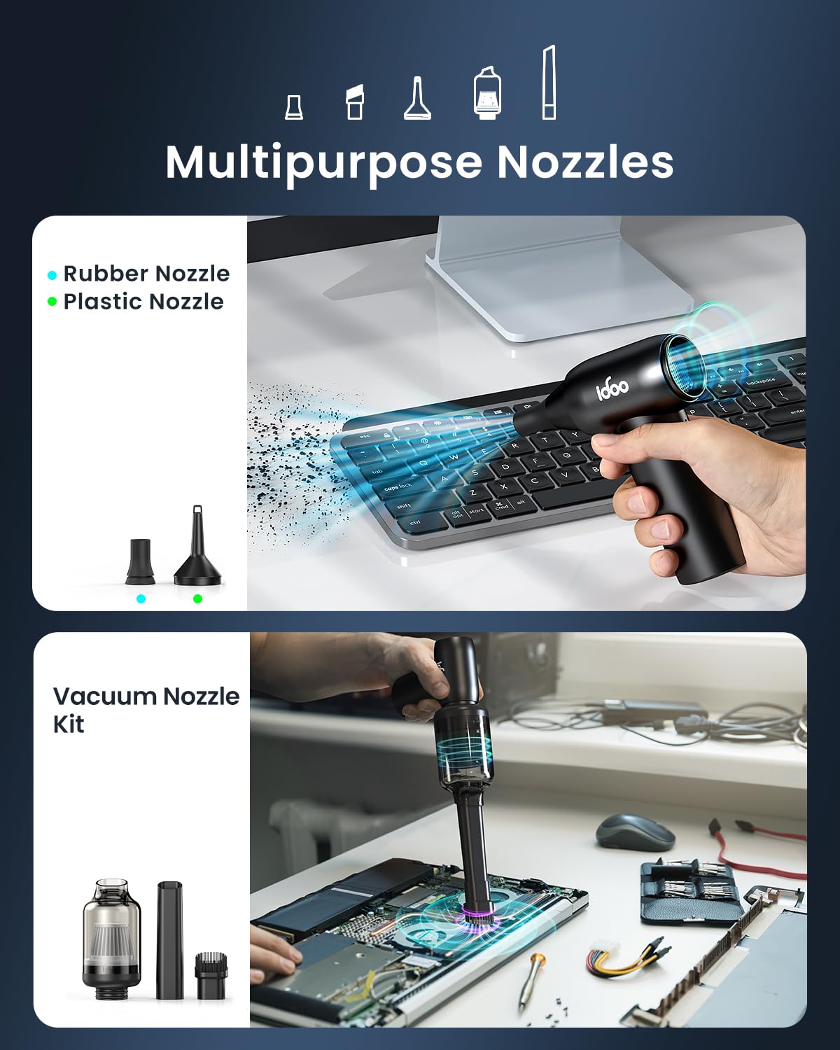 iDOO Cordless Electric Air Duster - 3-Speed for PC, Keyboard & Car Cleaning (Black)