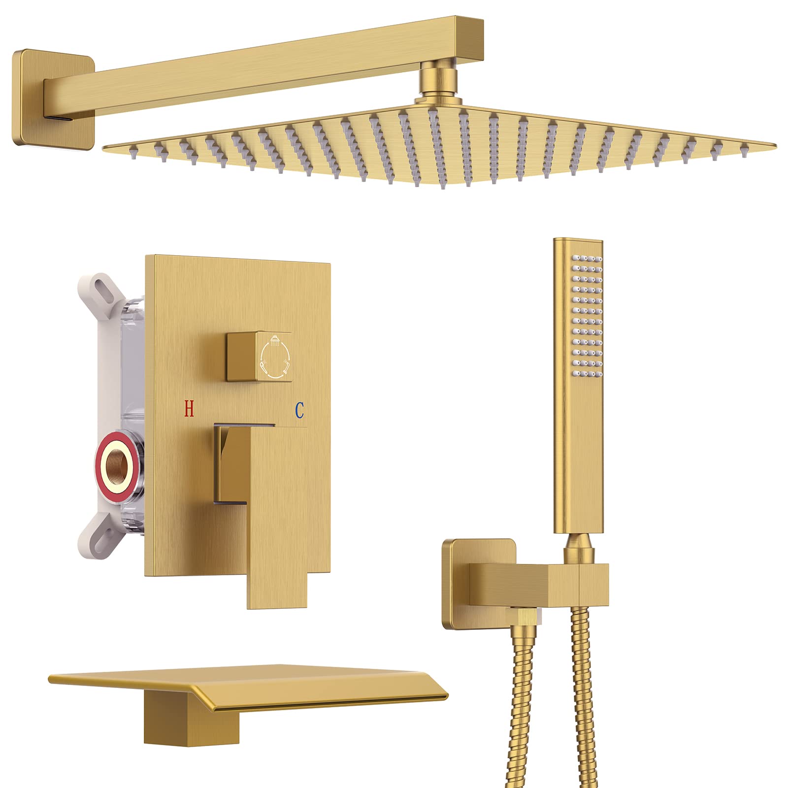 IRIBER 3-Function Square Shower Faucet Set - 12 Inch Rain Shower Head with Handheld Spray & Waterfall Tub Spout - Champagne Bronze Finish for Bathroom Remodel & Spa-Like Experience
