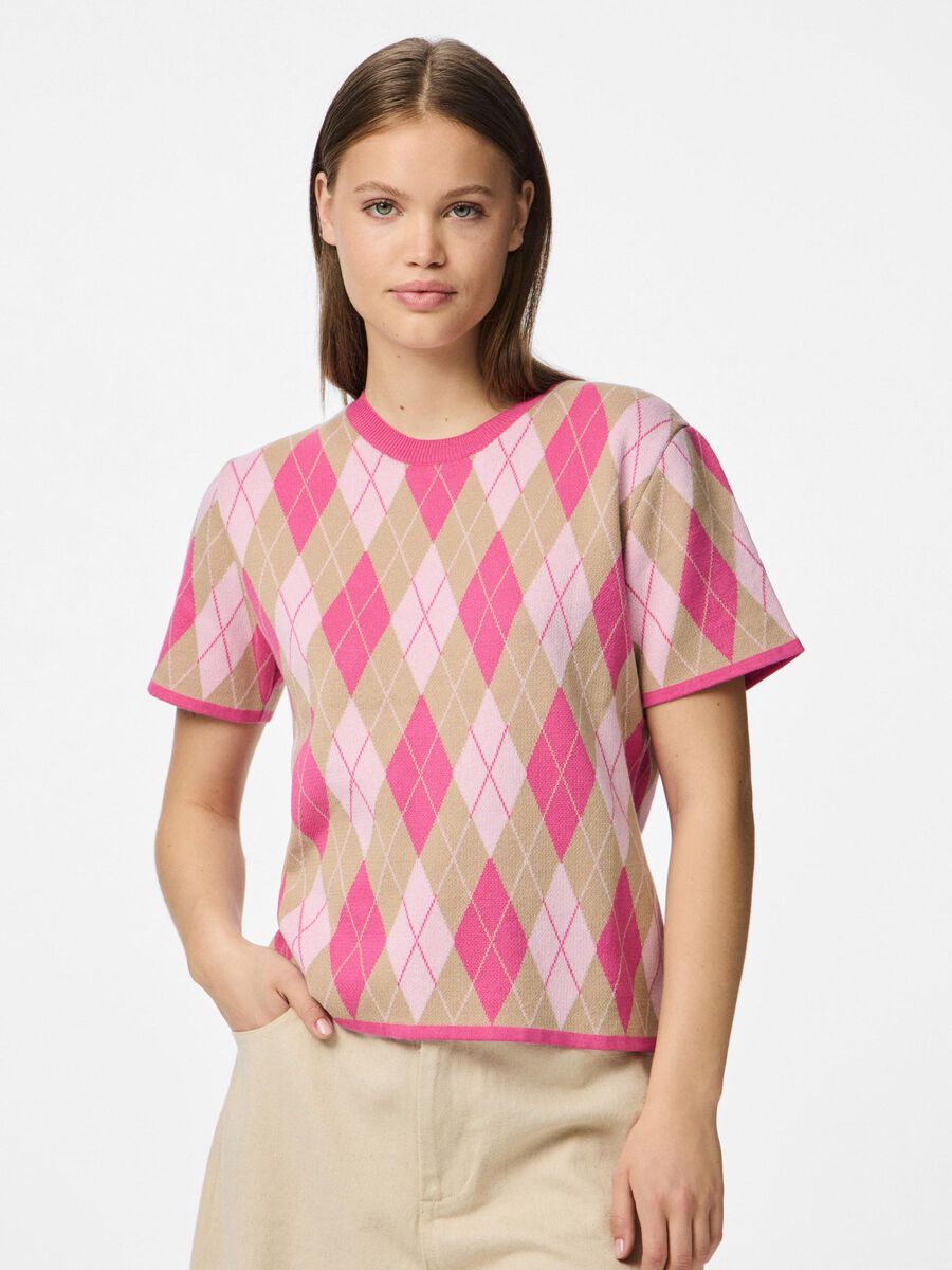 Farley Knit Top Women's Blouse - Pink Tulle & Fuchsia Floral Print Fashion Tops for Casual Wear, Office & Date Night Outfits