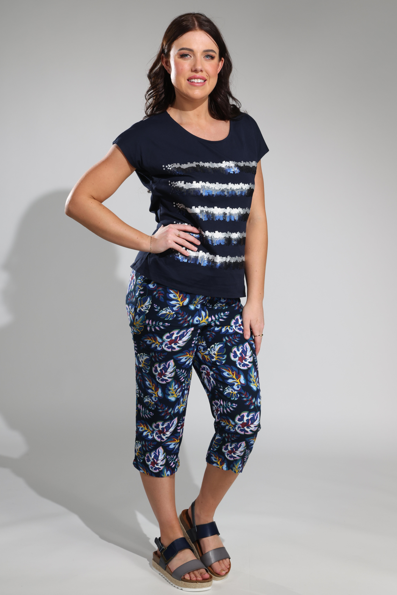 Printed Rayon Mid Calf Pants for Women - Floral Leaf Design in Blue & Pink (Style 7333A1) | Comfortable Lounge Pants for Yoga, Travel & Casual Wear