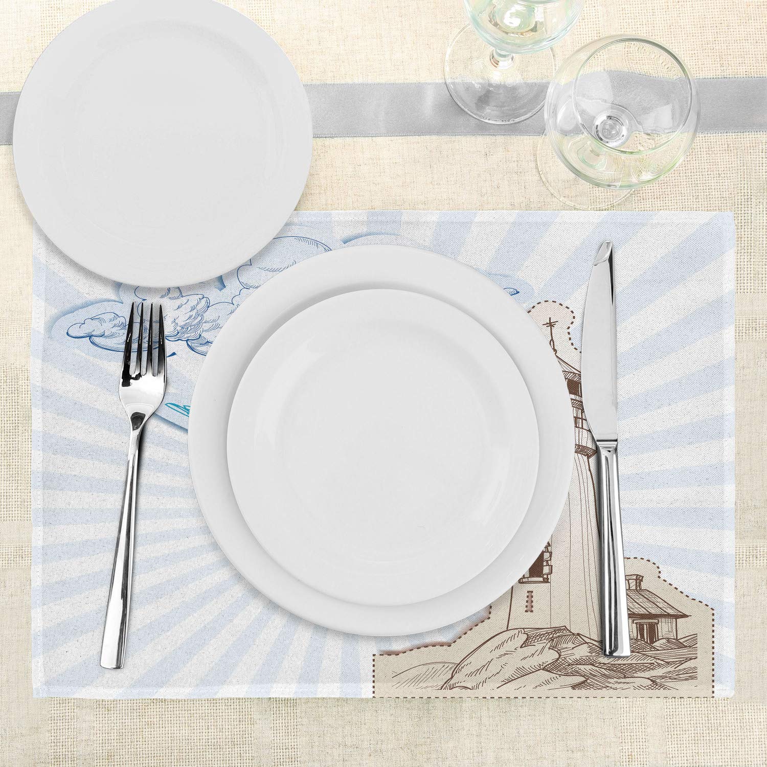 Ambesonne Seagulls Placemats Set of 4 - Nautical Themed Washable Fabric Place Mats for Dining Table & Kitchen Decor in Brown, Cream & Blue | Perfect for Beach House, Coastal Home & Seaside Dining Decor