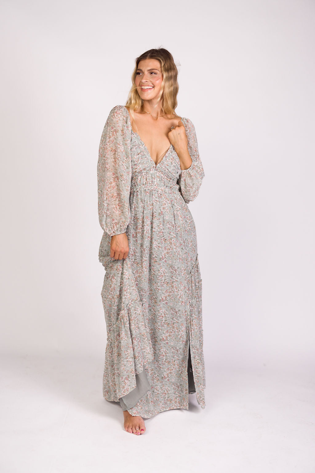 **Daphne Long Sleeve Maxi Dress - Floral Print in Sage, Pink & Ivory | Bump Friendly & Inclusive Sizing (XS-3XL) | Perfect for Maternity, Weddings & Casual Wear**