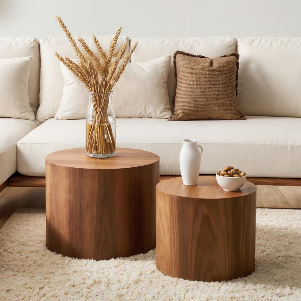 Modern Round Nesting Coffee Table Set of 2 - Walnut Wooden Circle Accent Tables with Non-Slip Feet for Living Room, Bedroom, Office - Space-Saving Drum Side Tables for Small Spaces & Balcony Decor