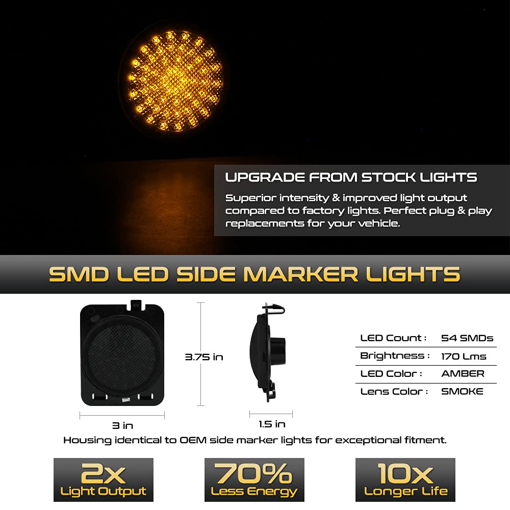 VIPMOTOZ Smoked Lens Full Amber LED Side Marker Light Fender Lamp Assembly - Replacement for 2007-2018 Jeep Wrangler JK (Driver & Passenger Side) | Durable Off-Road Lighting Upgrade for Enhanced Visibility & Style