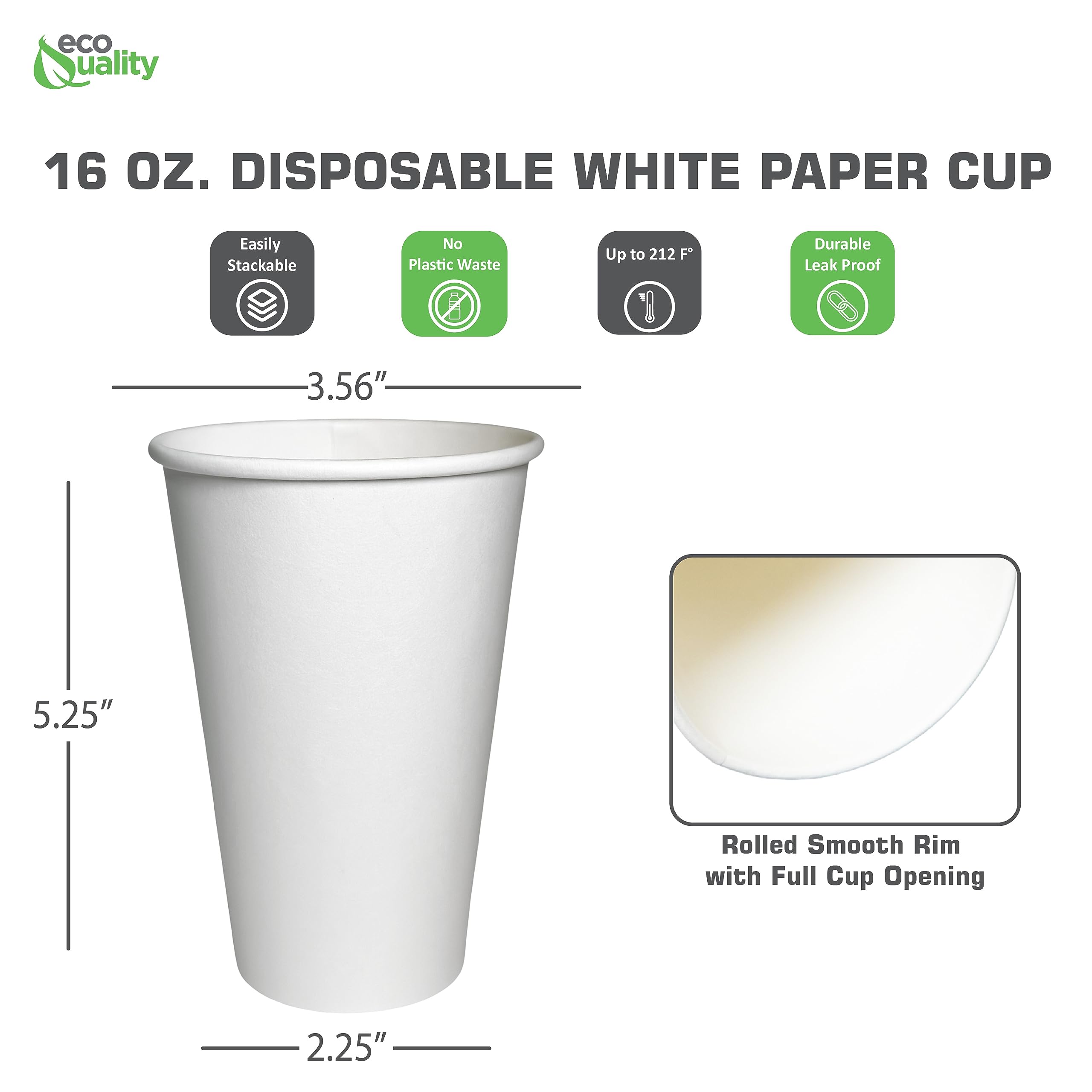 EcoQuality 16oz White Disposable Paper Coffee Cups - Bulk 1000 Pack for Hot Drinks, Tea, Coffee, Cappuccino, Hot Chocolate - Perfect for Offices, Cafes & Events