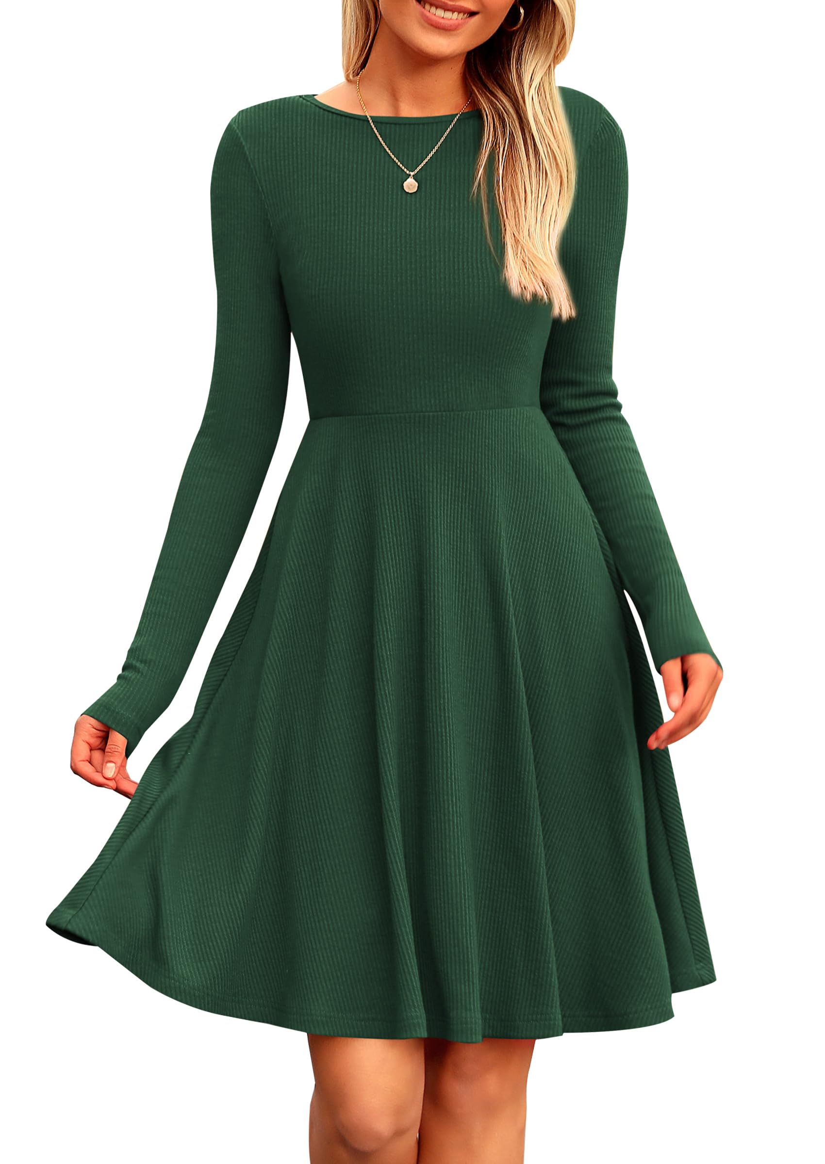 PRETTYGARDEN Women's Ribbed Knit Long Sleeve A-Line Dress - Elegant Crewneck Flowy Casual Dress for Spring Fall | Perfect for Office Wear, Date Night & Weekend Outings