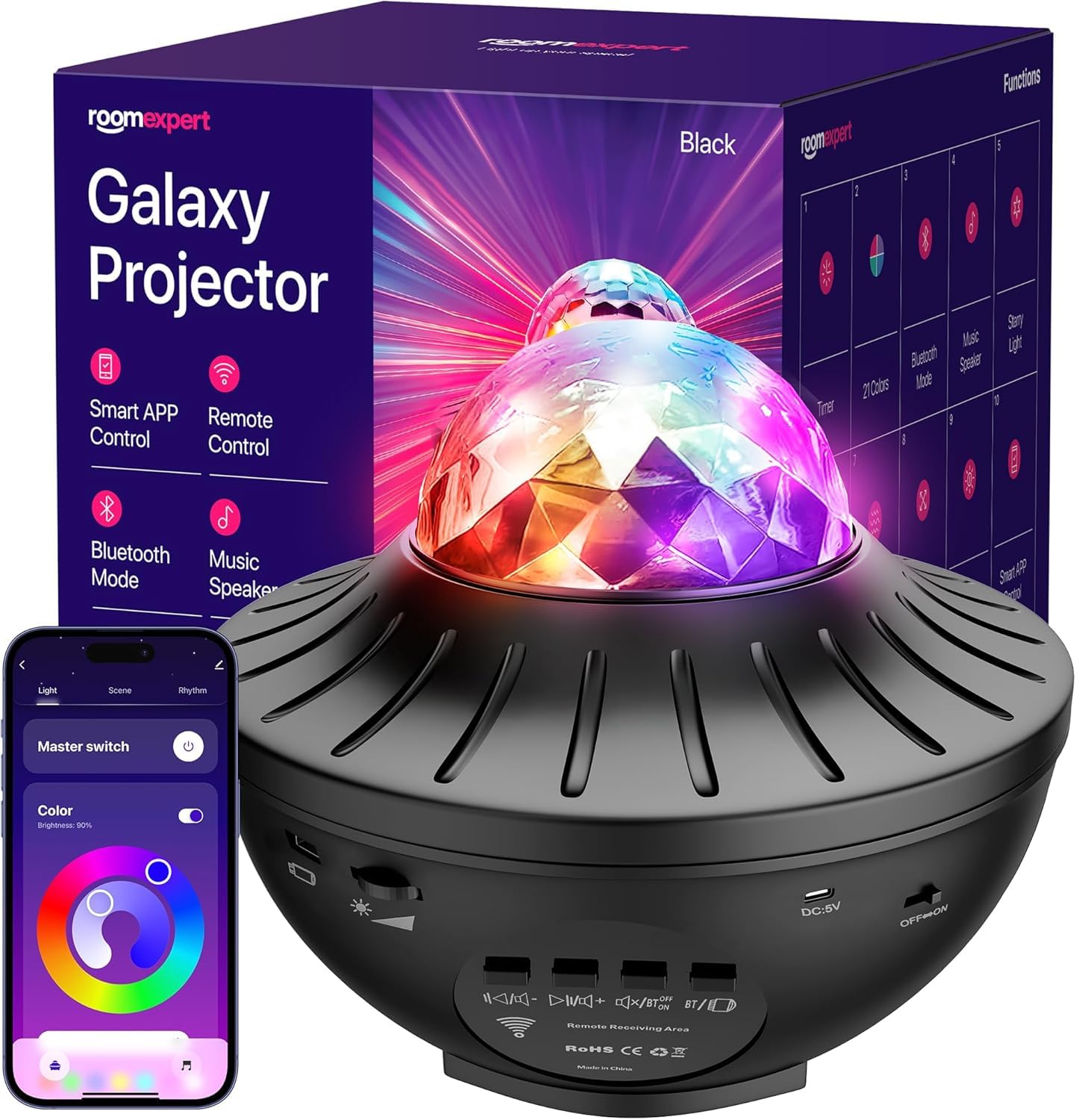 Galaxy Star Projector with Bluetooth Speaker - 21 LED Light Effects for Bedroom, Kids Room & Gaming Room Decor | Remote Control, Timer & APP | Perfect for Relaxation, Sleep Aid & Party Ambiance