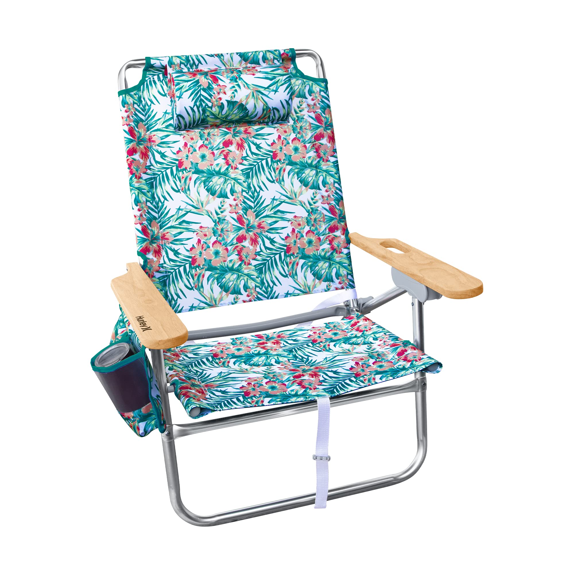 Hurley Mid-Height Wood Arm Beach Chair - Portable Folding Lounge Chair for Outdoor, Patio, Pool & Camping - Hawaiian Gardens White - Perfect for Beach Vacation, Backyard Relaxing & Summer Adventures