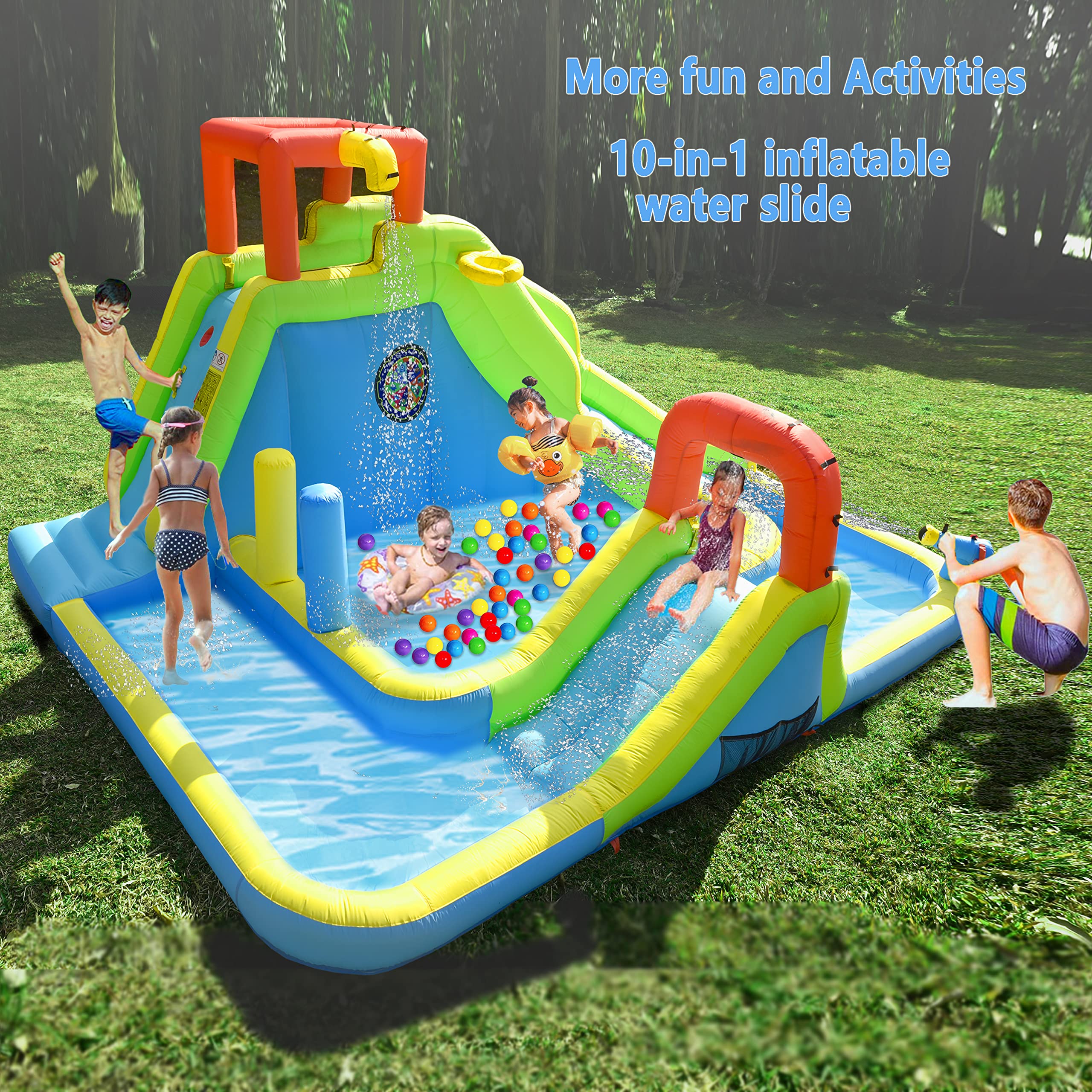 **Inflatable Water Slide Park for Kids - Large Bouncy Castle with Dual Pools, Slides, Climbing Wall & Basketball - Easy Setup with Air Blower Included - Perfect for Backyard Parties, Summer Fun & Outdoor Play**