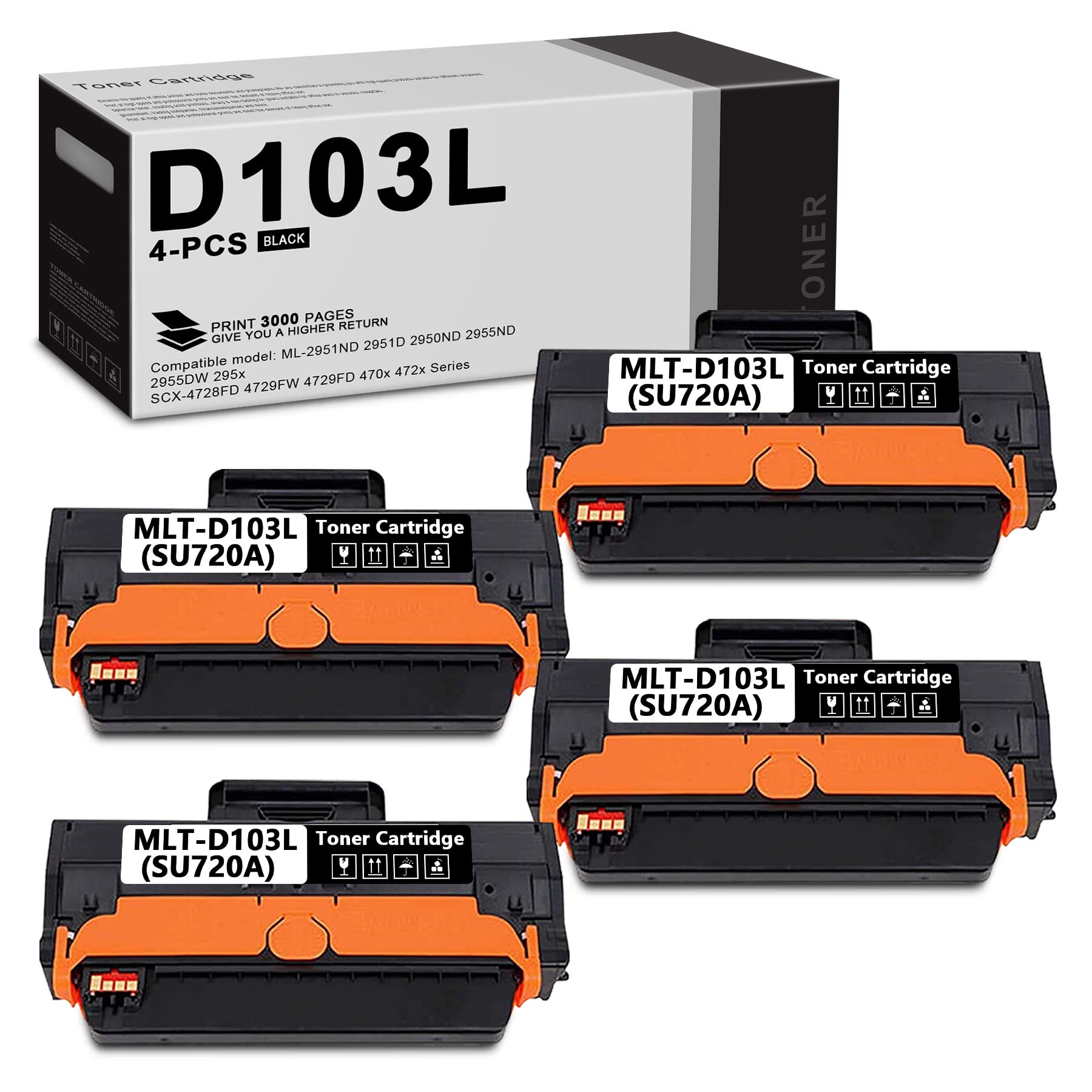 4 Pack Black MLT-D103L SU720A Toner Cartridge - Compatible Replacement for Samsung ML-2951ND 2951D 2950ND 2955ND 2955DW & SCX-4728FD 4729FW 4729FD Printers - High Yield Printing for Office & Home Use