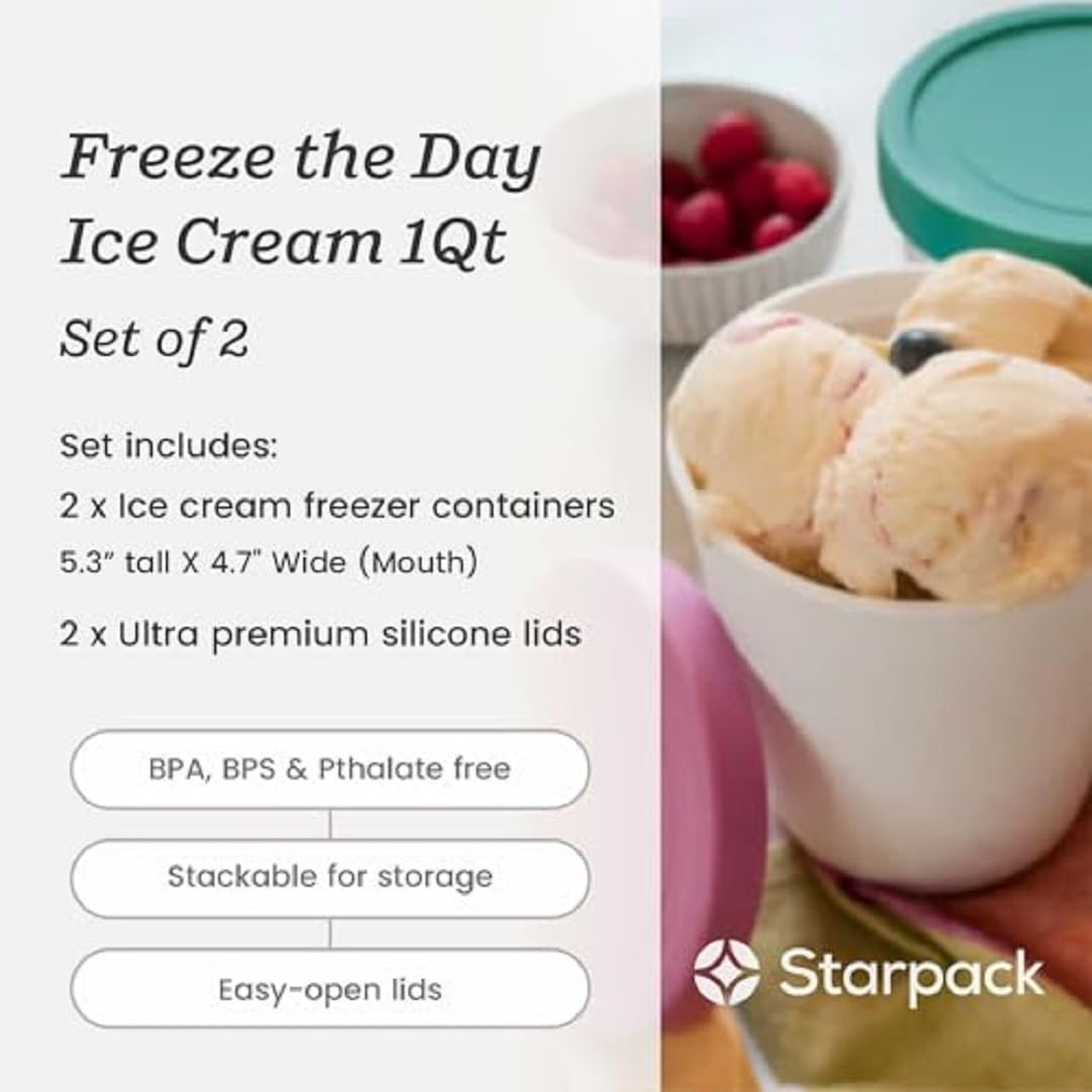 Starpack 1 Quart Reusable Ice Cream Storage Containers with Leak-Proof Silicone Lids (2-Pack) - Freezer-Safe Homemade Dessert Containers for Ice Cream, Gelato, Sorbet & Frozen Treats - Perfect for Meal Prep, Party Serving & Leftover Storage