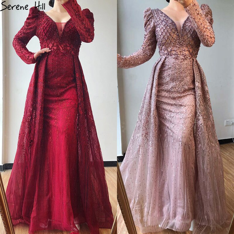 Luxury Wine Red Mermaid Evening Dress with V-Neck & Long Sleeves - Beaded Crystal Formal Gown for Dubai Parties, Prom, Gala & Special Occasions - Serene Hill LA70537
