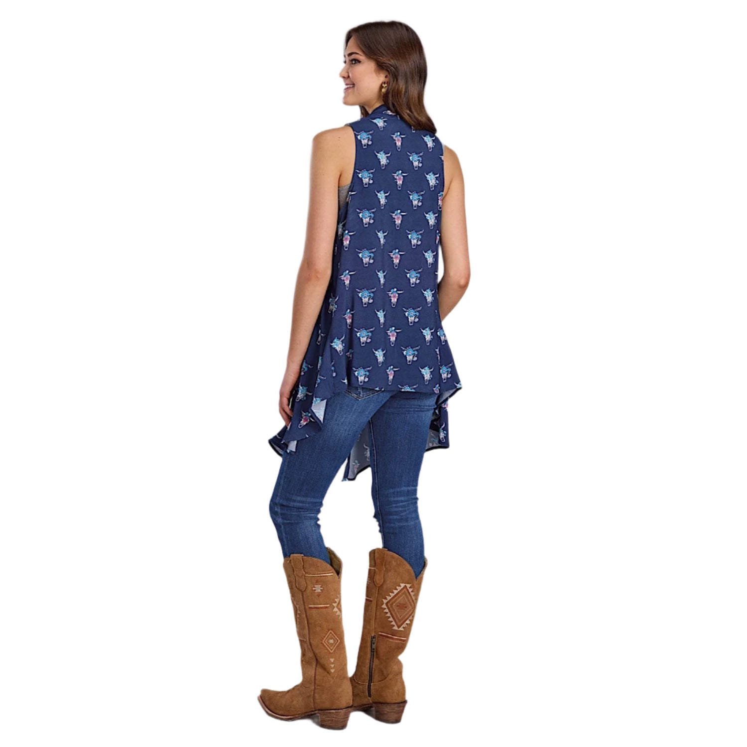Roper Women's Five Star Collection Sleeveless Cardigan - Print Blue | Lightweight Summer Cover-Up for Casual Outings & Office Wear