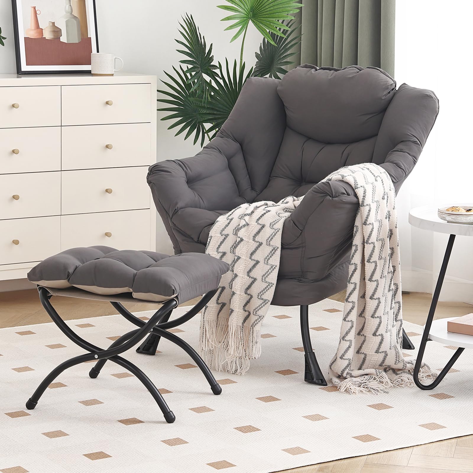 Modern Lazy Chair with Ottoman & Folding Footrest - Oversized Lounge Accent Chair for Reading - Comfortable Armchair for Bedroom, Study, Living Room & Courtyard - Perfect for Relaxing, Napping & Home Decor (Dark Grey)