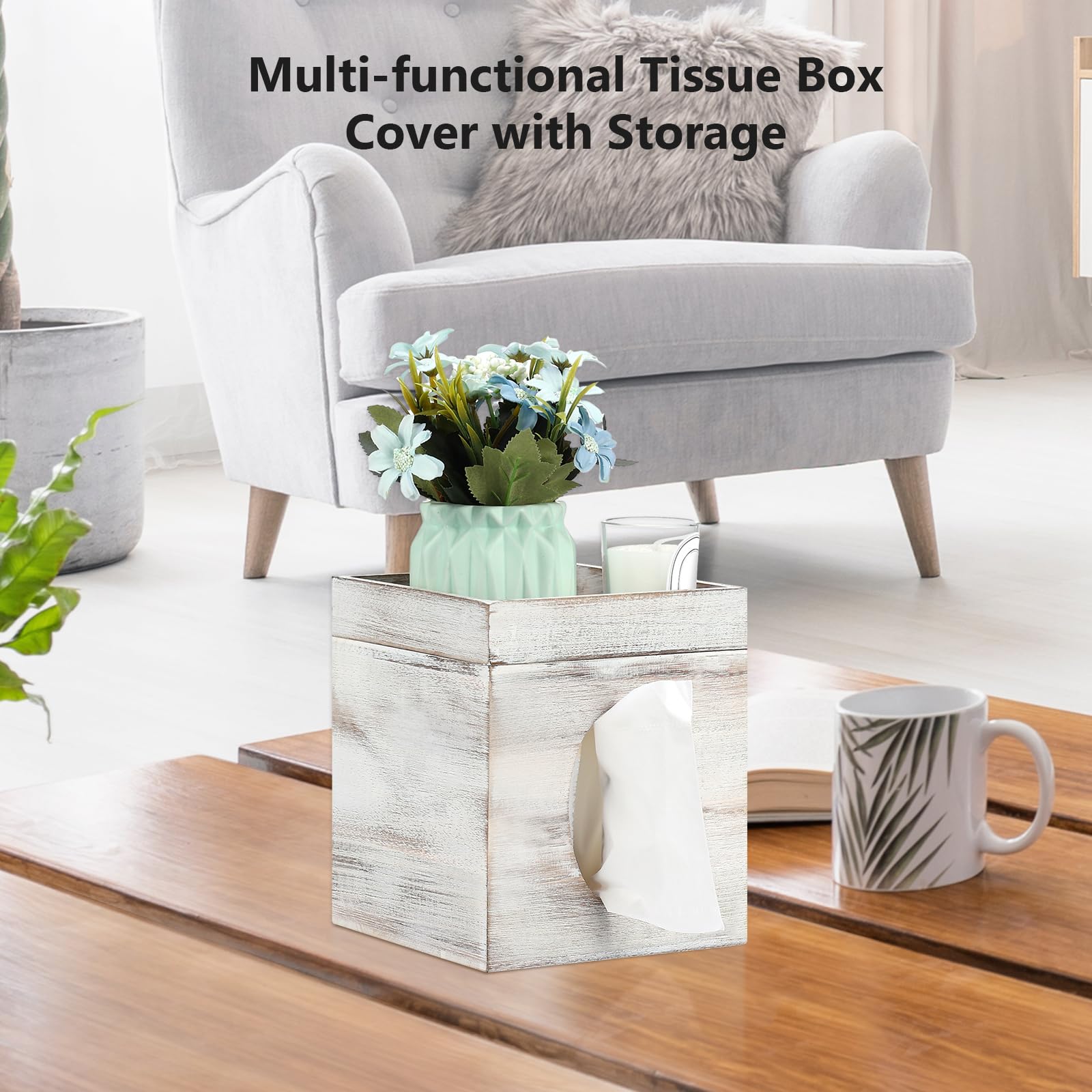 White Washed Solid Tissue Box Cover with Storage Tray - 6