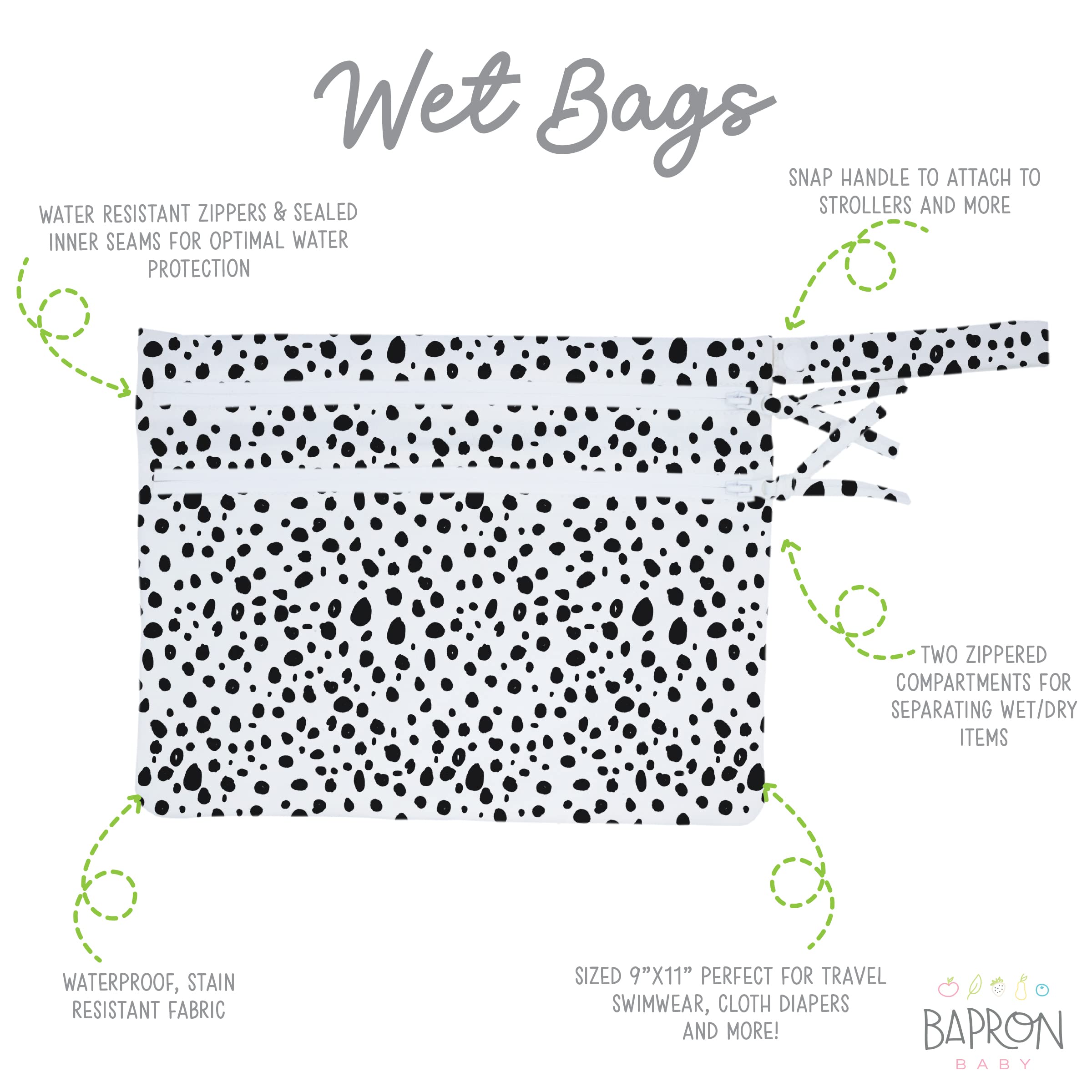 BapronBaby Organic Dot Wet Dry Bag - Waterproof Reusable Storage Pouch with Two Zipper Pockets for Diapers, Swimsuits, Mealtime & Travel - Machine Washable 11