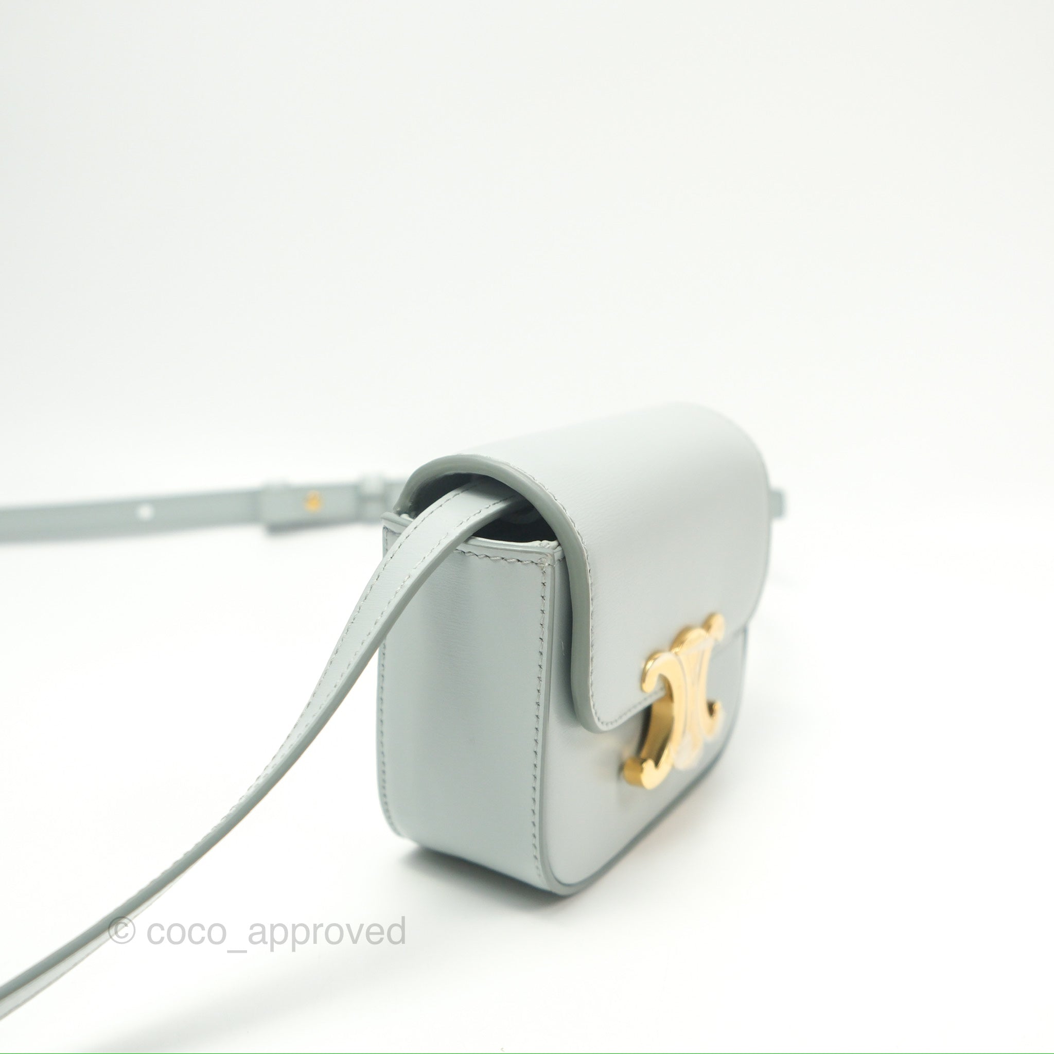 Celine Mini Claude Triomphe Bag in Soft Blue | Shiny Calfskin Leather Crossbody Purse | Perfect for Date Night & Evening Events