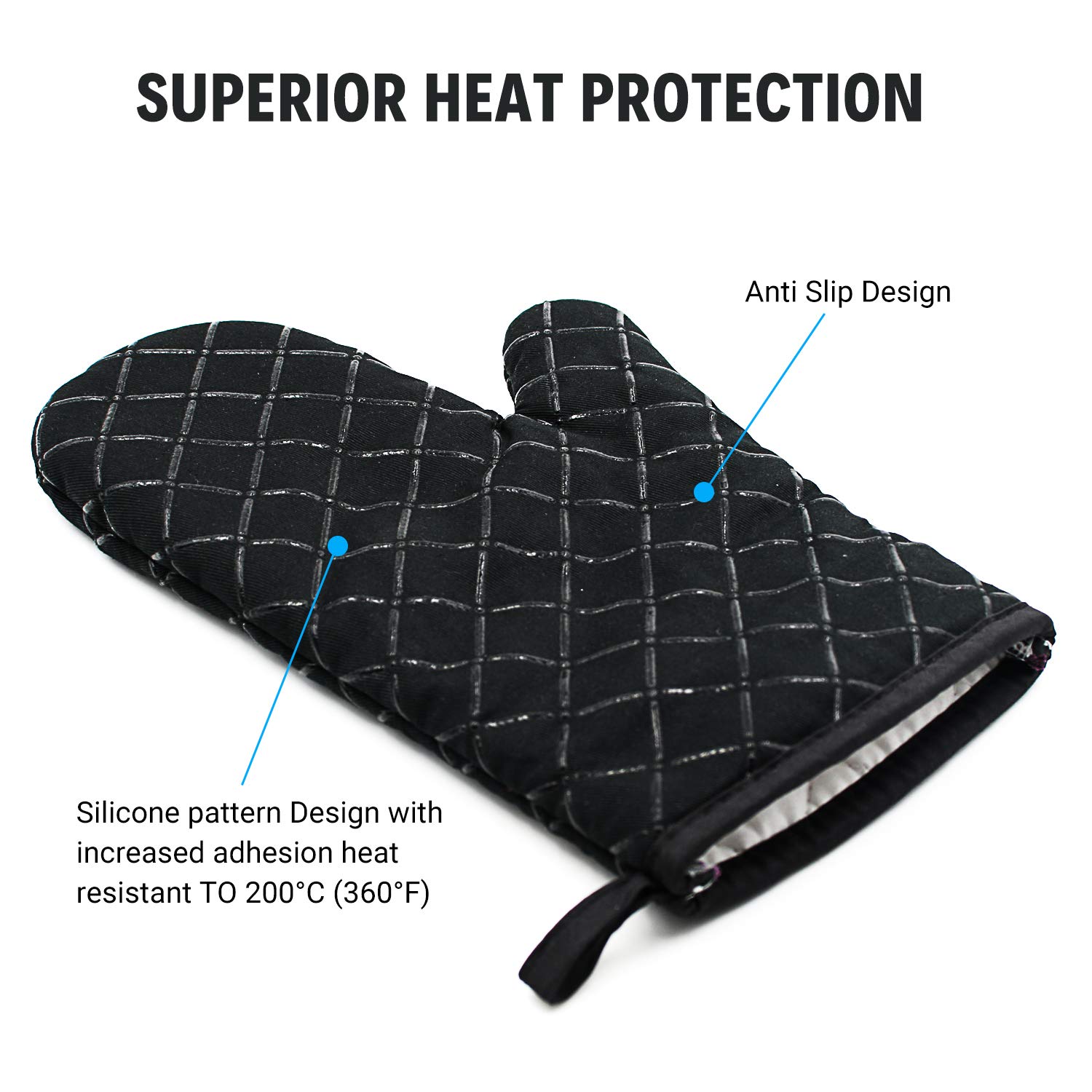 Heat Resistant Silicone Oven Gloves - Non-Slip Kitchen Mitts for Grilling, Cooking, Baking & Microwave Use - Perfect for BBQ, Pizza Making & Hot Dish Handling (Black, 1 Pair)