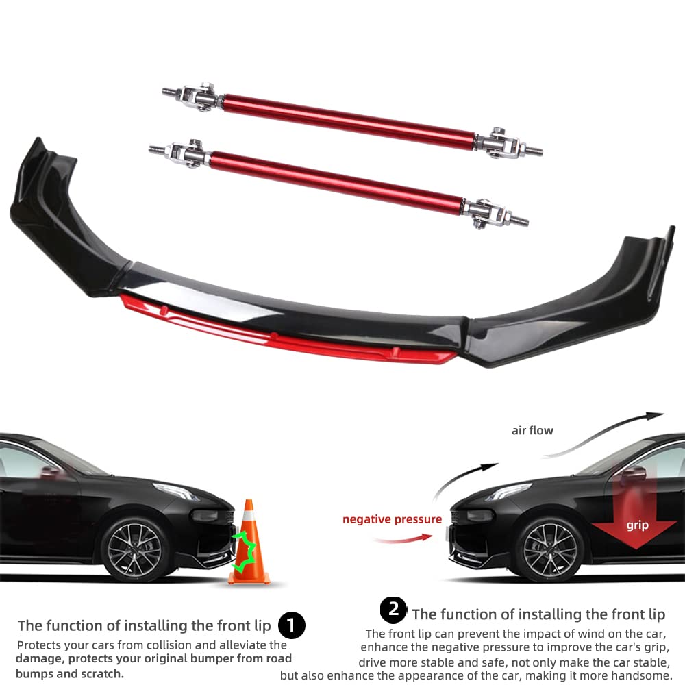 Universal Front Bumper Lip Body Kit - Black & Red ABS Front Spoiler Splitter with 8-10