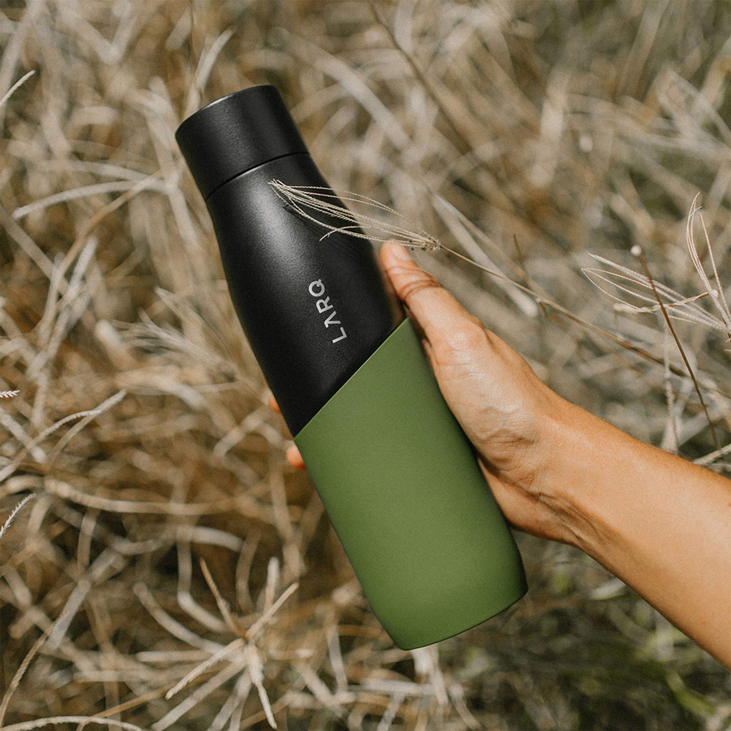 LARQ Bottle Movement PureVis 24 oz Stainless Steel Water Bottle with UV Water Purifier - Self-Cleaning, Lightweight, Non-Insulated | Reusable & Travel Friendly for Hiking, Gym, Office | Black/Pine