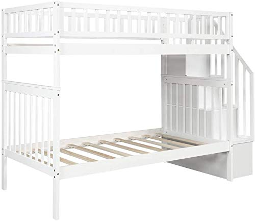 Harper & Bright Designs Twin Over Twin Bunk Bed with Trundle, Storage Shelf & Stairway - Solid Wood Kids & Teen Bunk Bed with Full-Length Guard Rail - Perfect for Small Bedrooms, Shared Kids Rooms & Sleepovers (White)