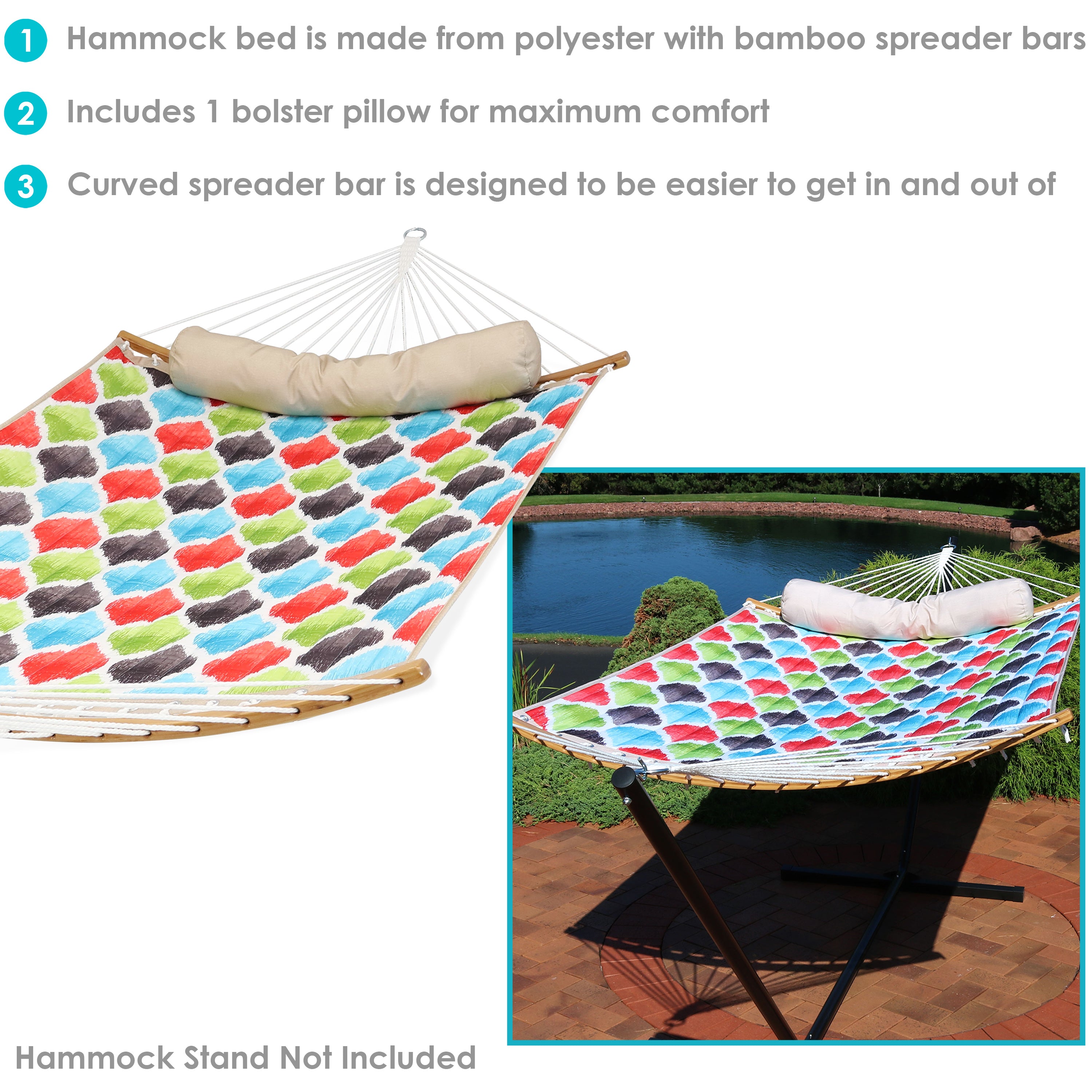 Premium Sunnydaze Quilted Outdoor Hammock with Curved Bamboo Spreader Bar & Comfort Pillow - Perfect for Backyard, Patio, Camping & Relaxation